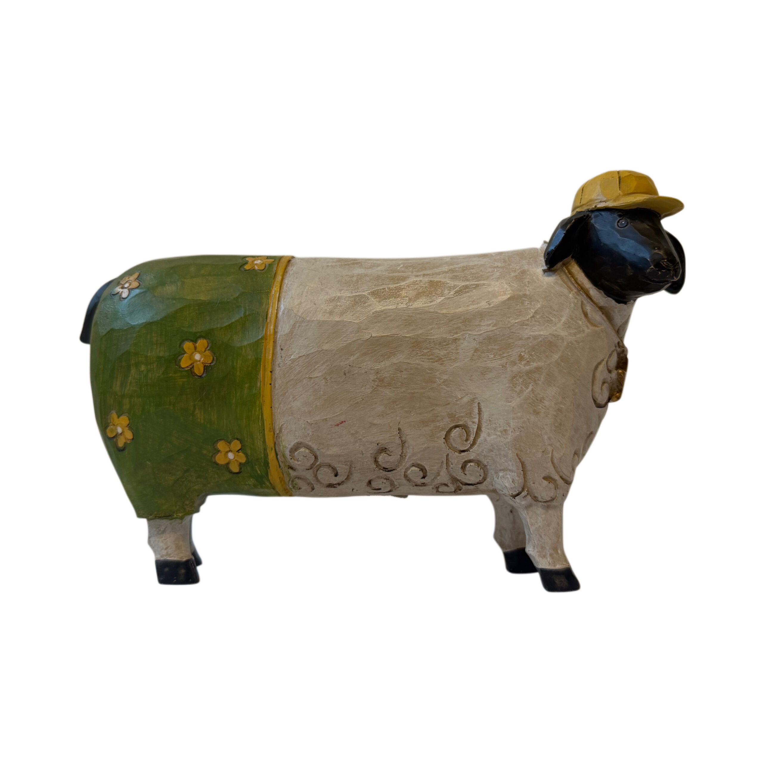 Figura de oveja con gorra amarilla