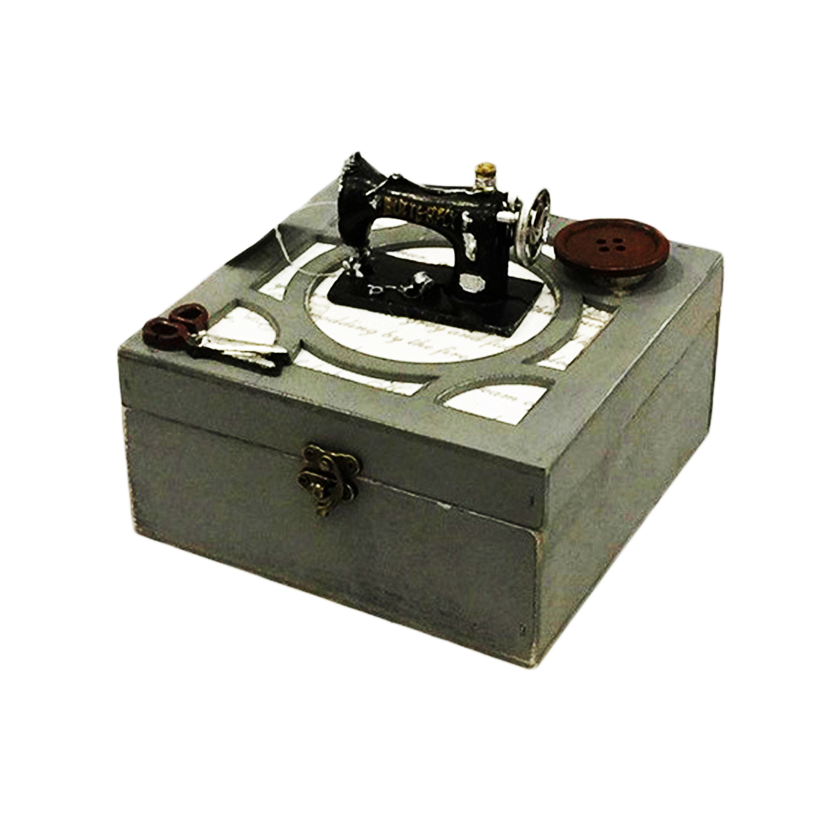 Caja musical de madera con máquina de coser