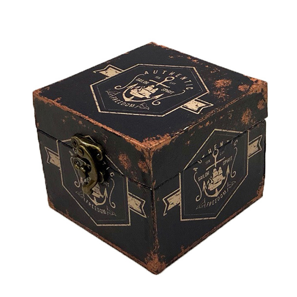 Caja de madera con diseño de escudo color azul marino