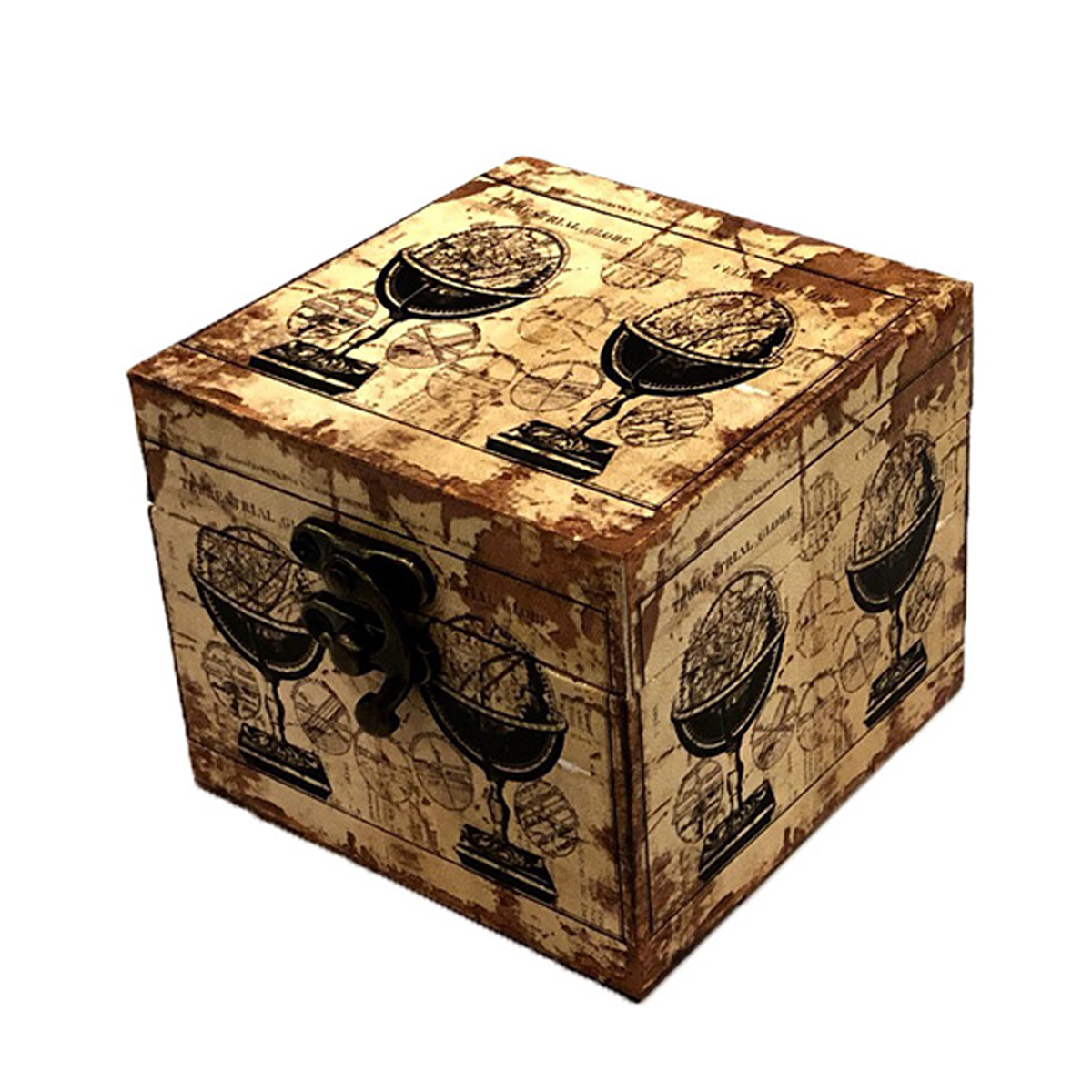 Caja de madera con diseños de globo terráqueo color beige