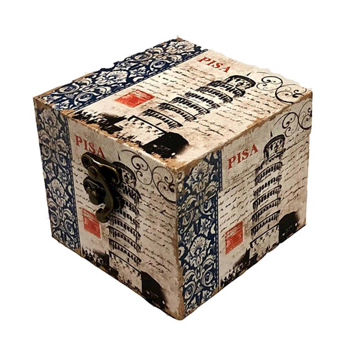 Caja de madera con diseño torre Pisa color  blanco con flores azules