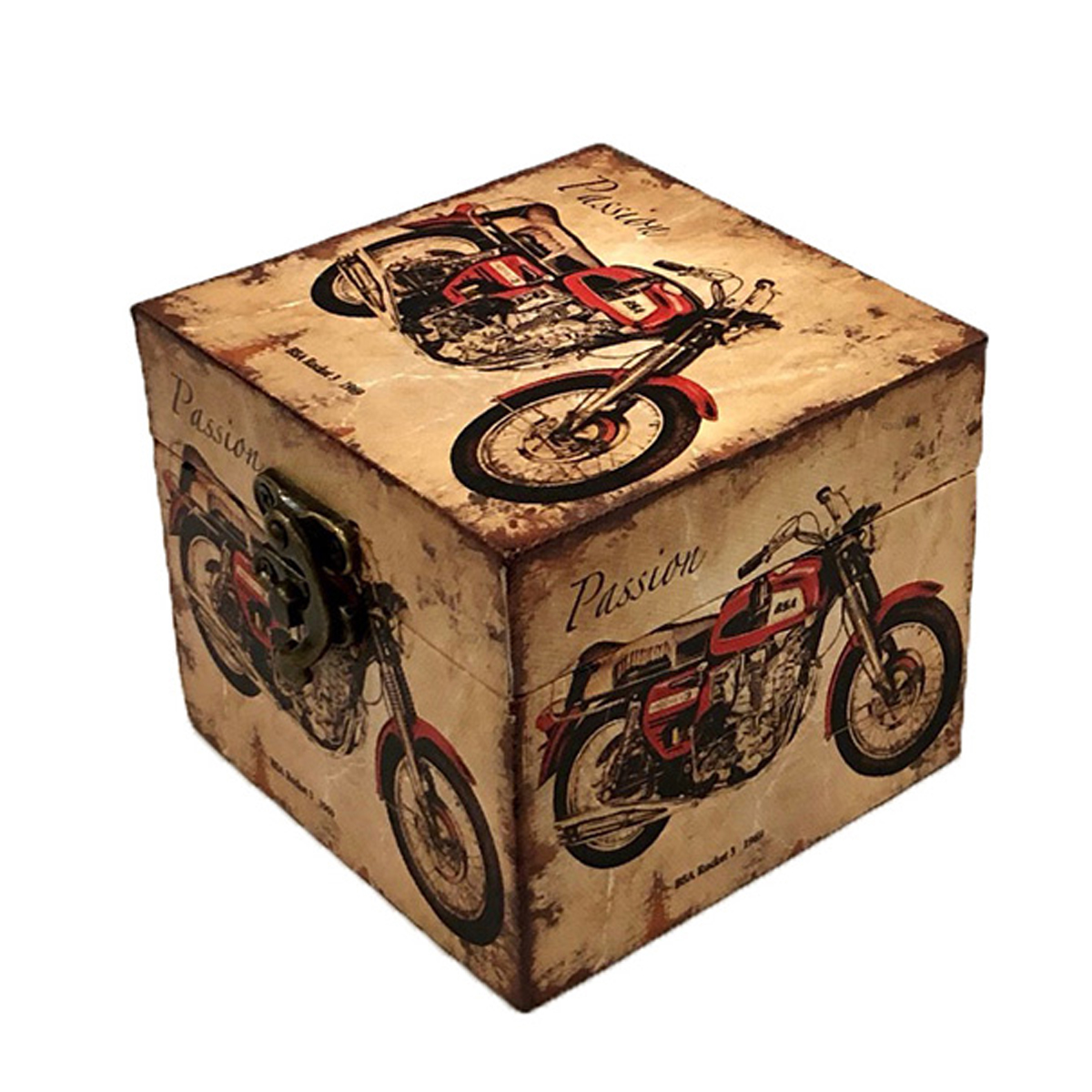 Caja de madera con diseño de moto color beige