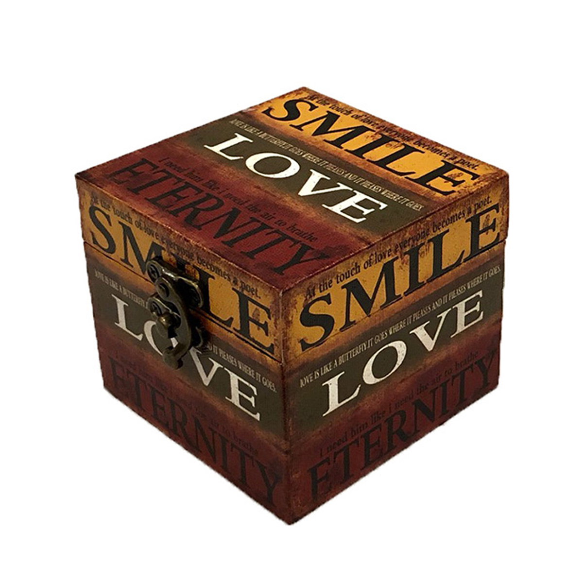 Caja de madera con diseño de frases tricolor (amarillo,verde,rojo)