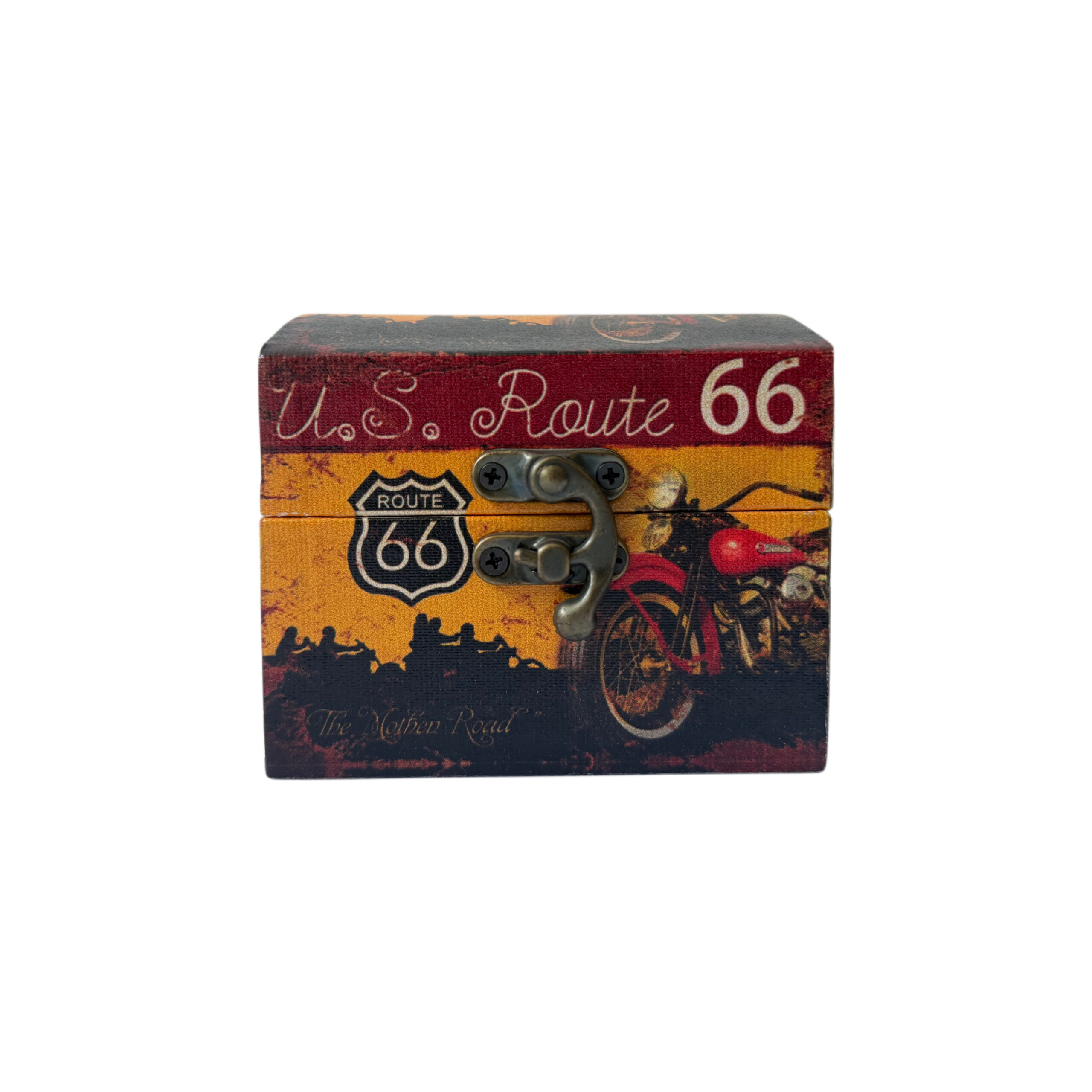 Caja de madera con diseño de ruta 66 color negro y amarillo