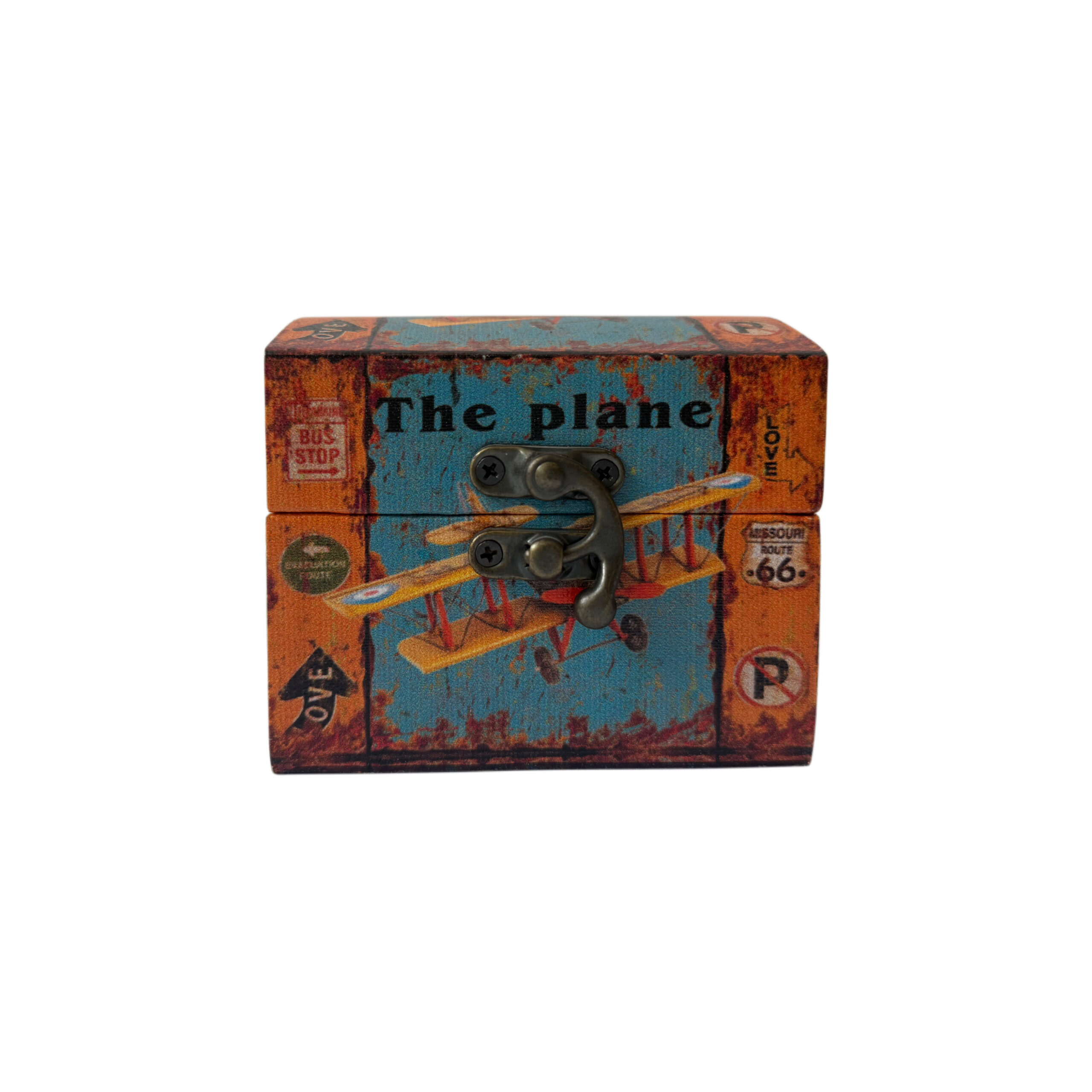 Caja de madera con diseño de avioneta color azul y amarillo