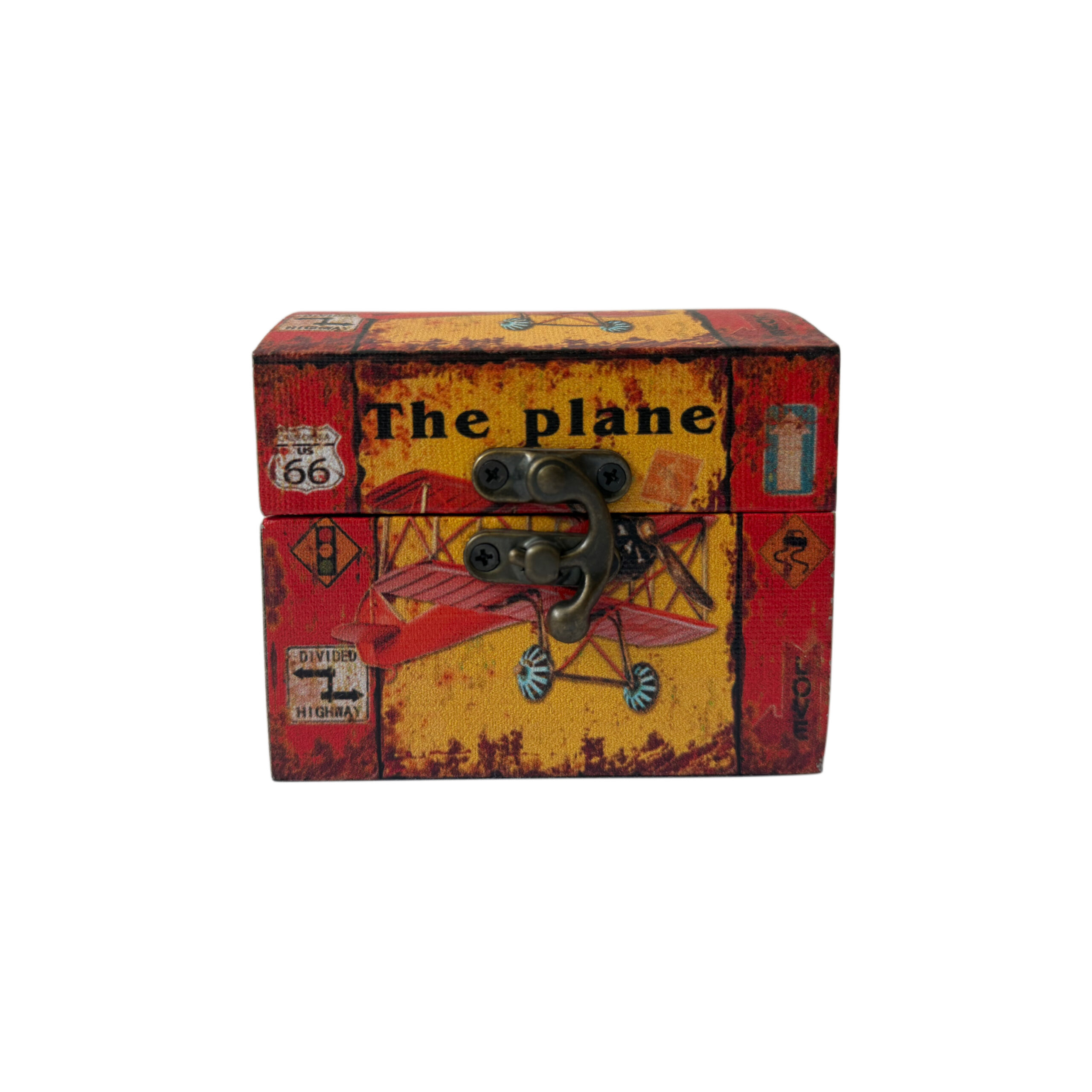 Caja de madera con diseño de avioneta color amarillo y rojo