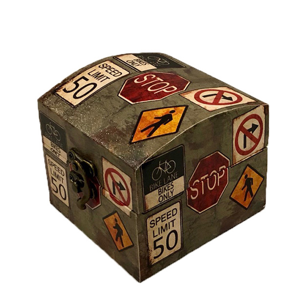 Caja de madera con diseño de precauciones color verde