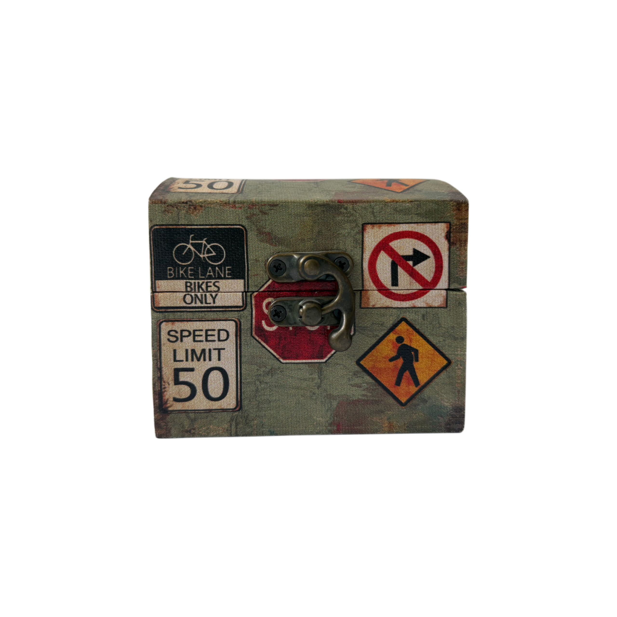 Caja de madera con diseño de precauciones color verde