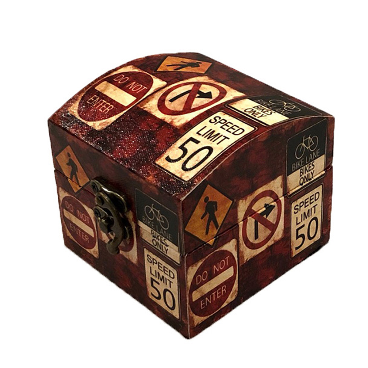 Caja de madera con diseño de precauciones color rojo