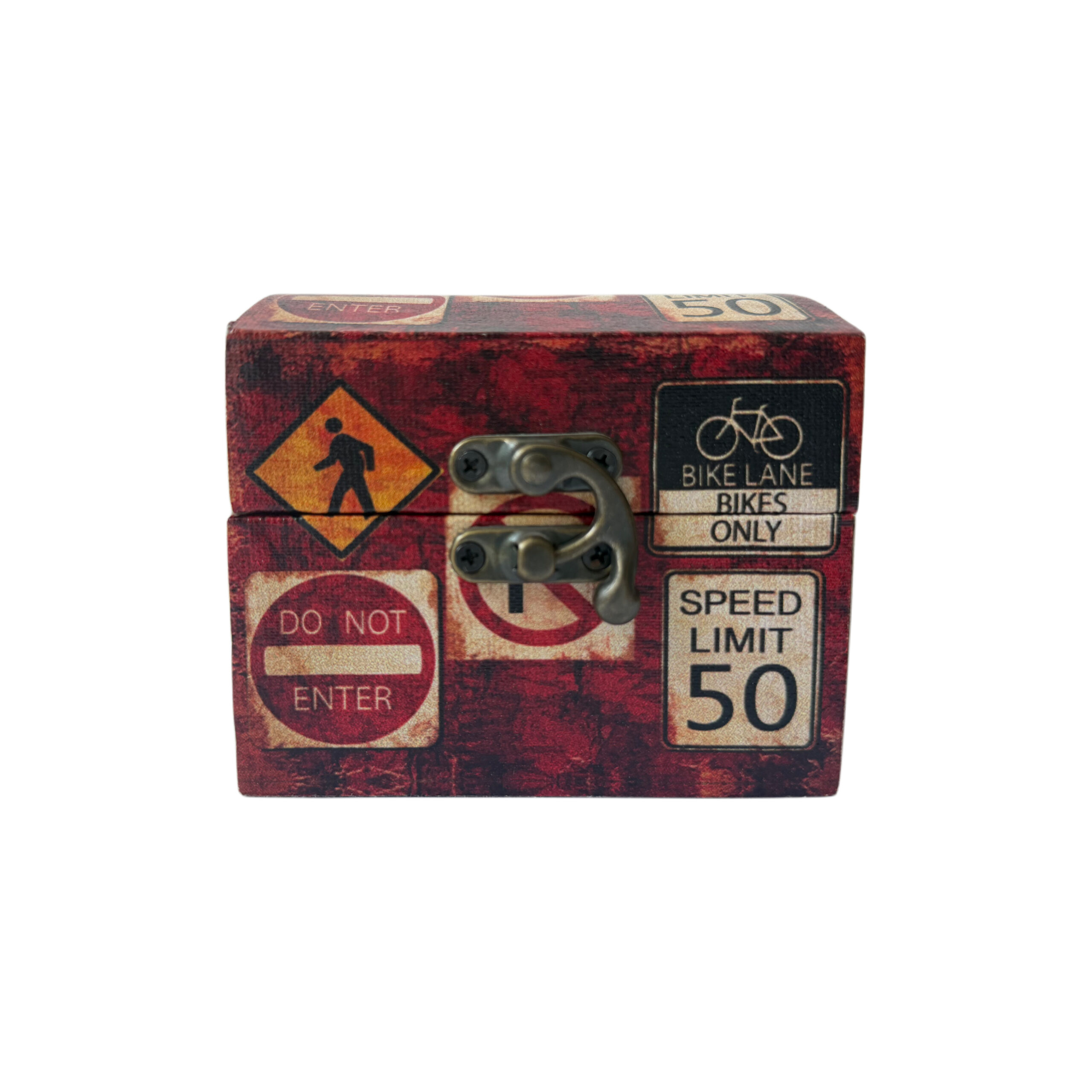 Caja de madera con diseño de precauciones color rojo