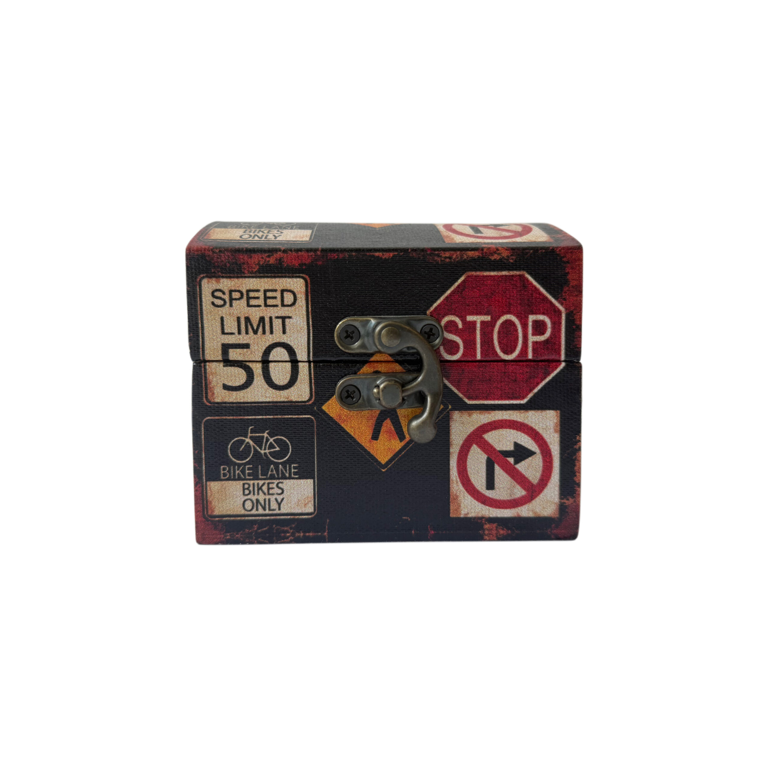 Caja de madera con diseño de precauciones color negro