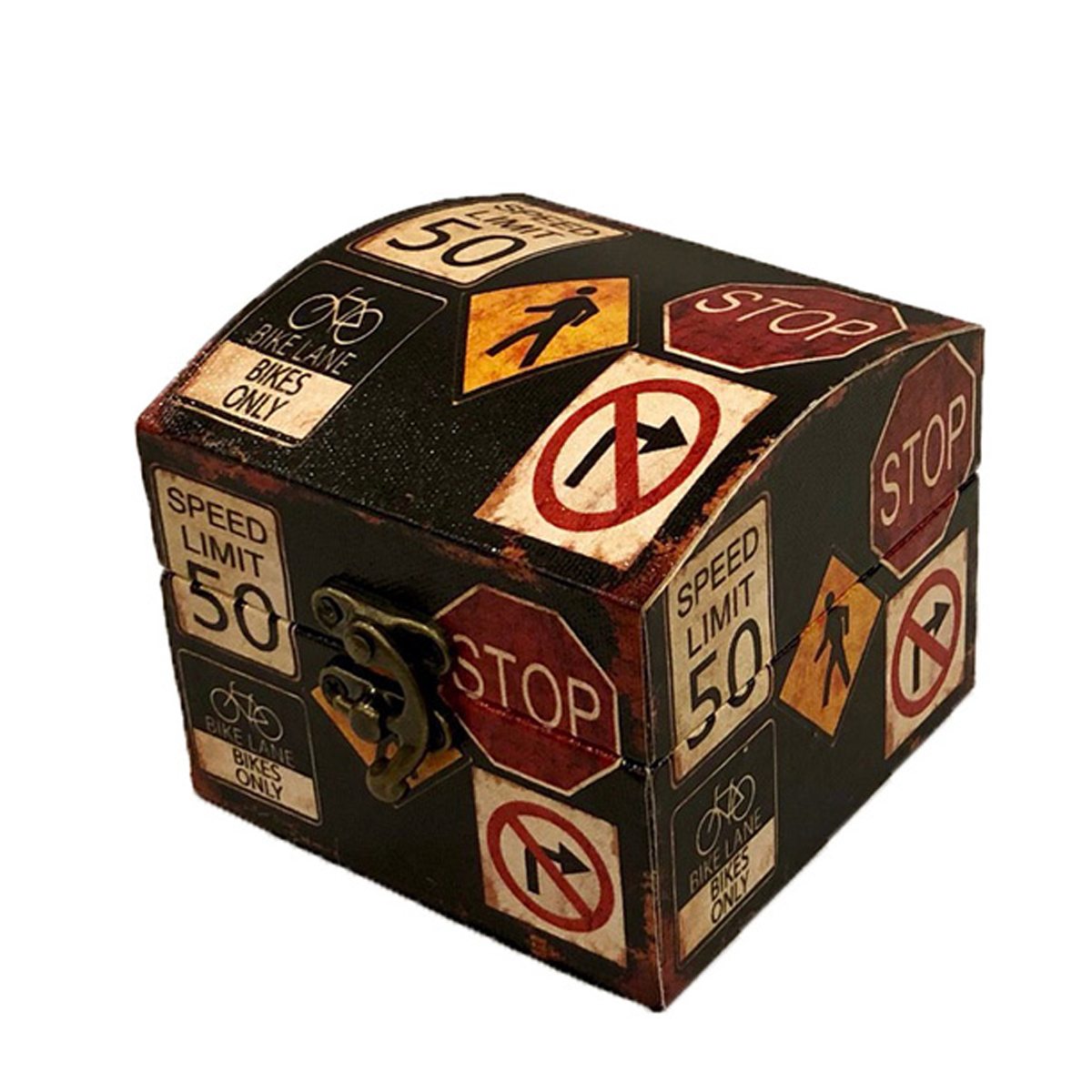 Caja de madera con diseño de precauciones color negro