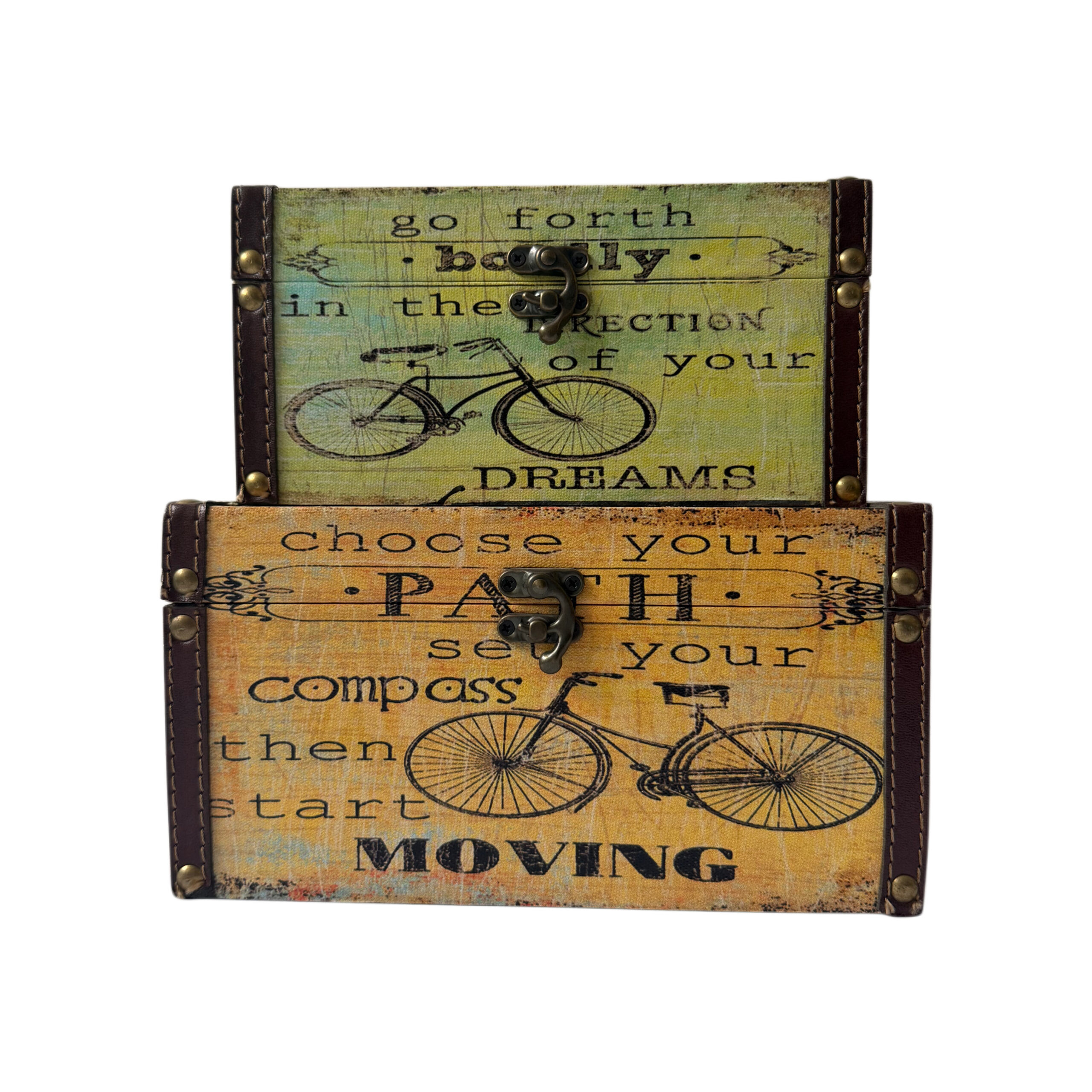 Cajas de madera set/2 con diseños de bicicletas color verde con  amarillo