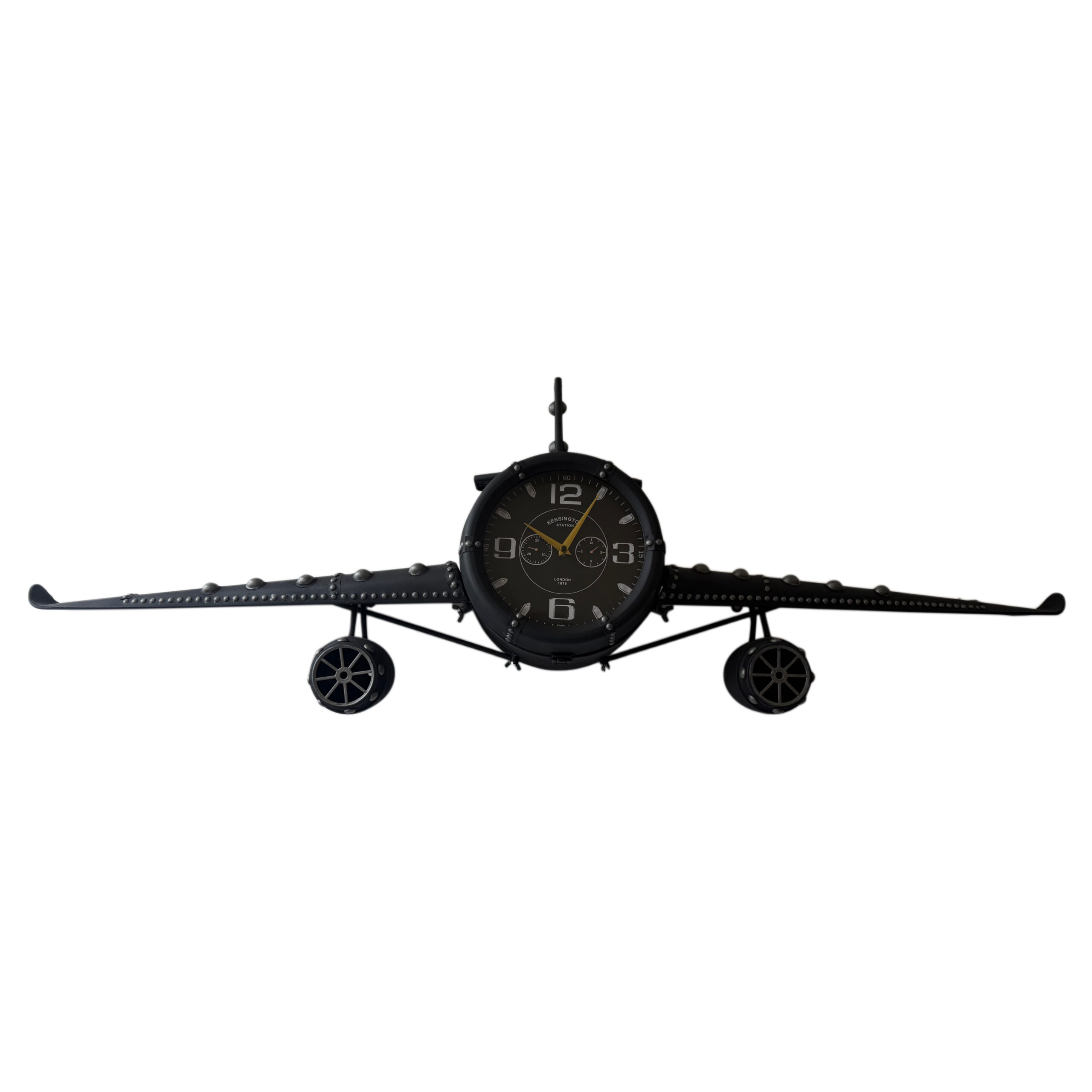Reloj de pared color negro en forma de avión