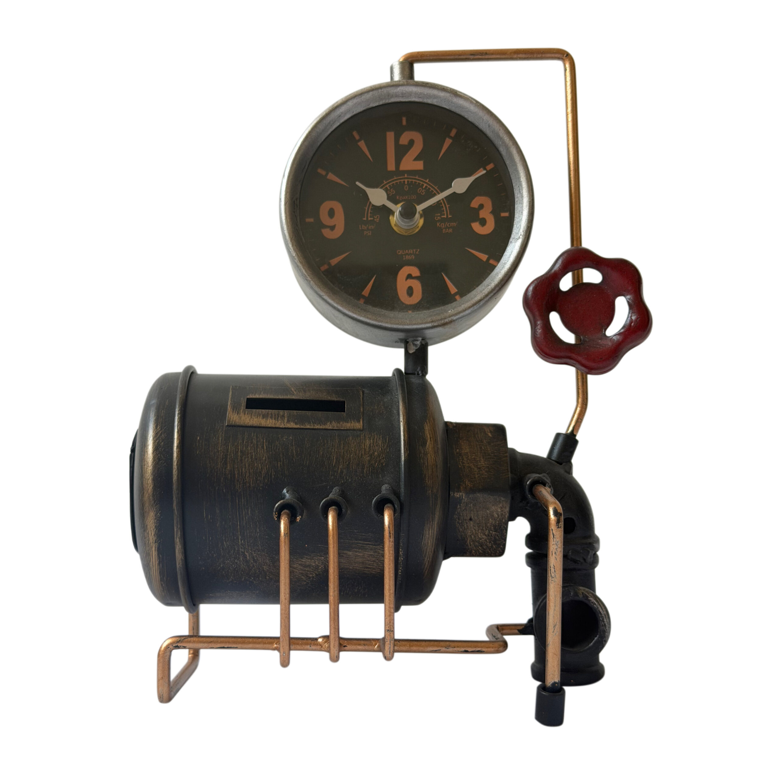 Reloj-alcancía caldera de vapor vintage