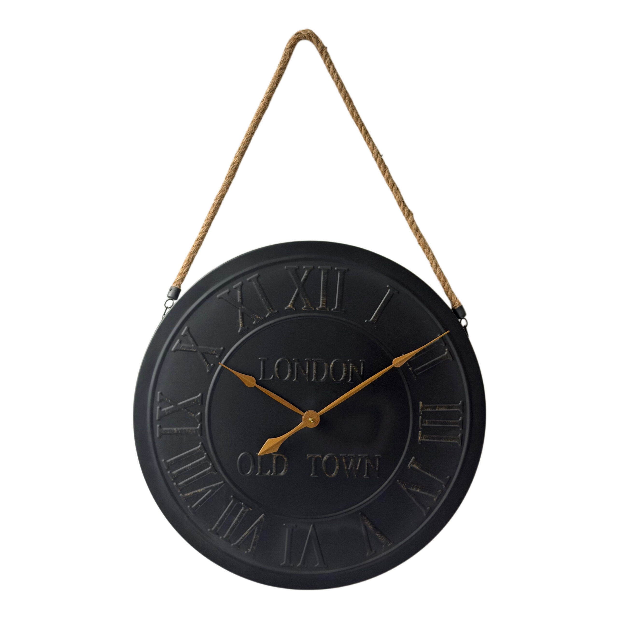 Reloj de pared con cuerda de yute y números romanos