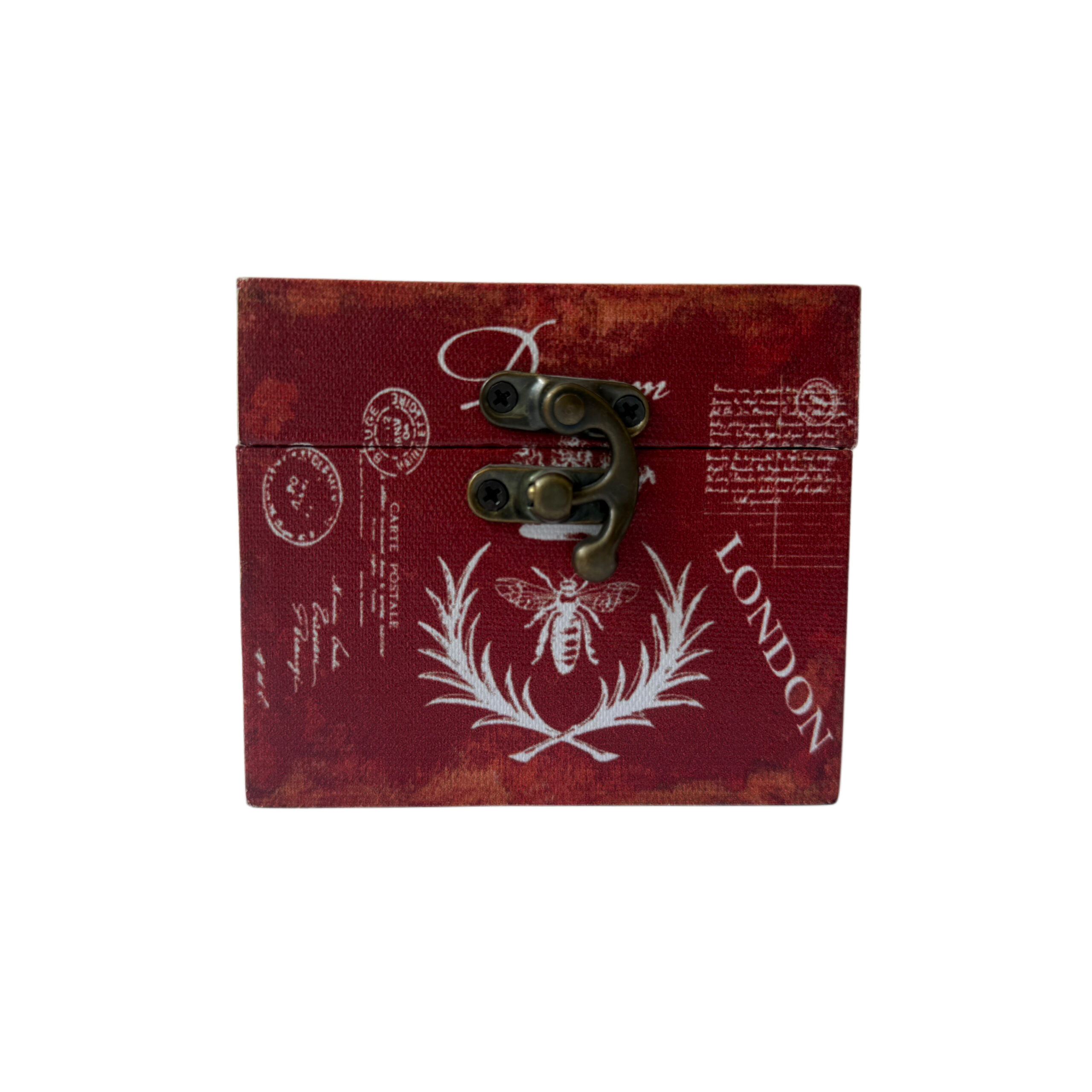 Caja de madera con diseño de escudo color rojo