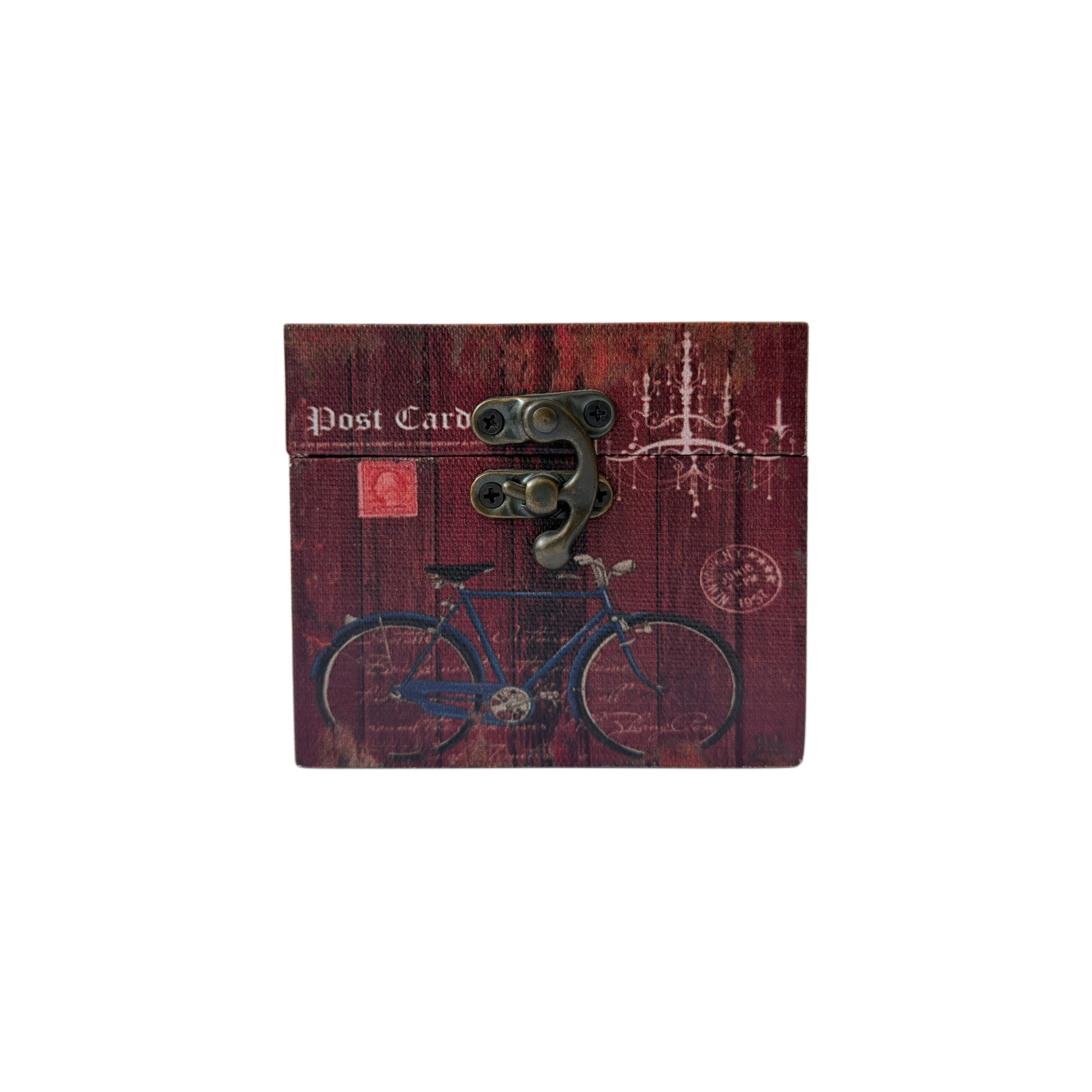 Caja de madera con diseño de bici color rojo vino