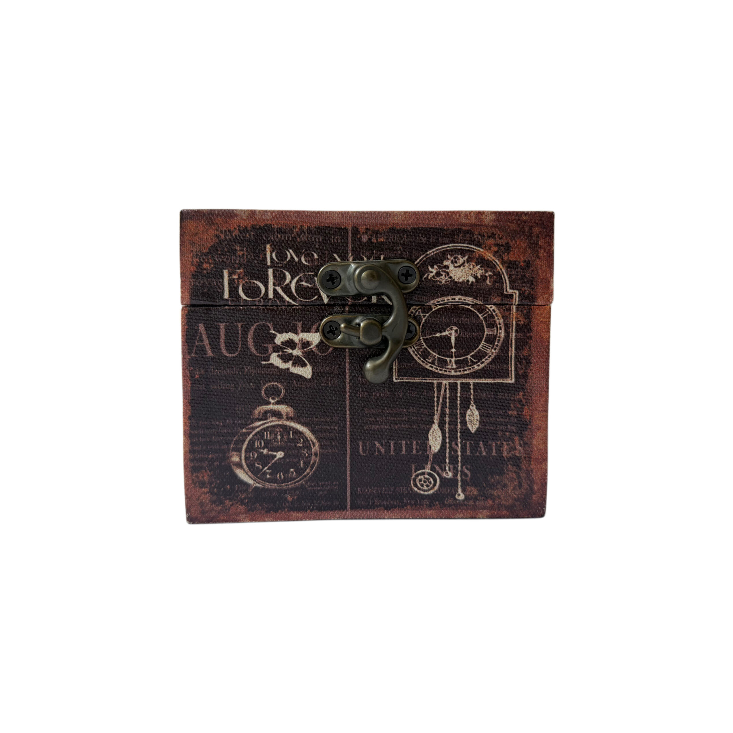 Caja de madera con diseño de reloj color café oscuro