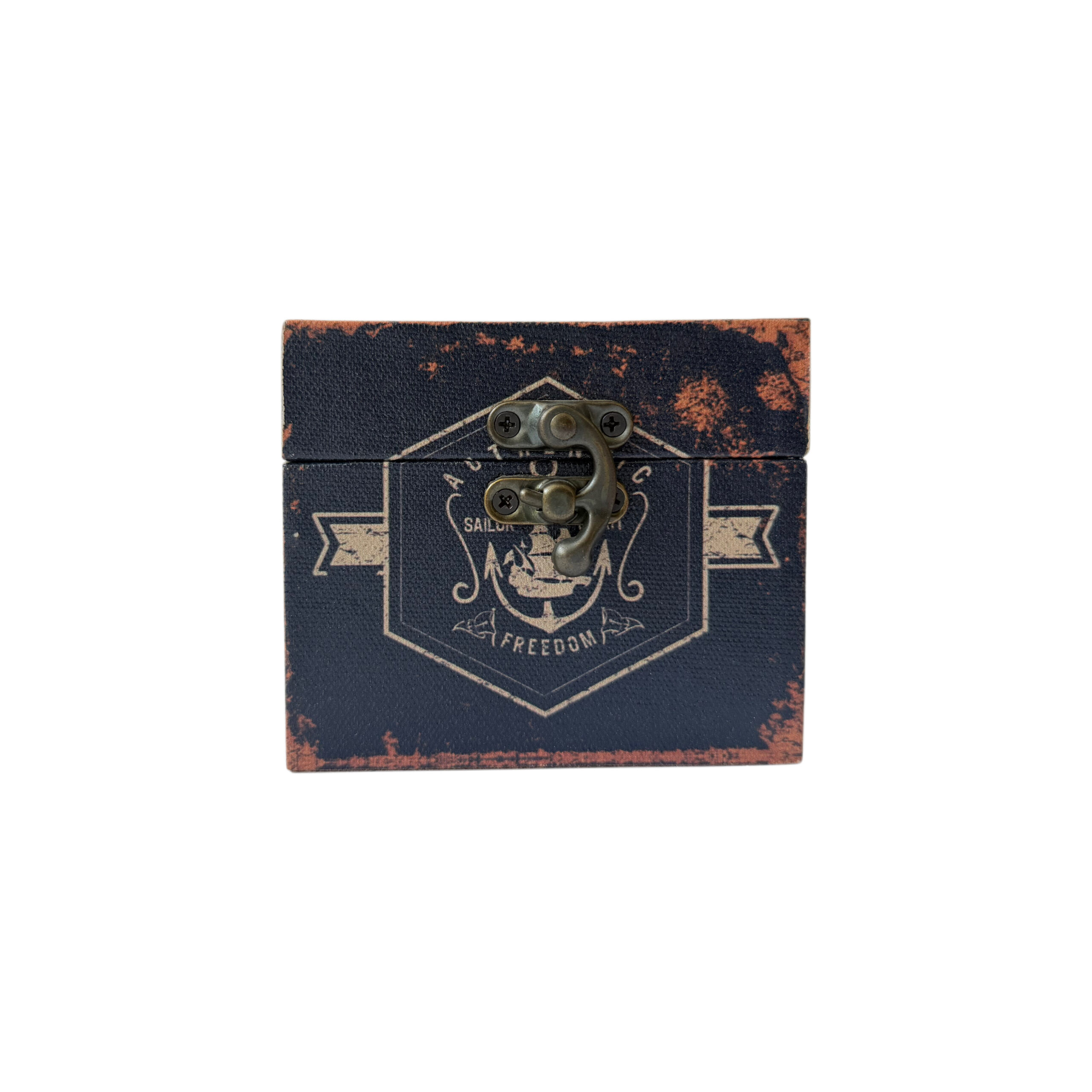 Caja de madera con diseño de escudo color azul marino