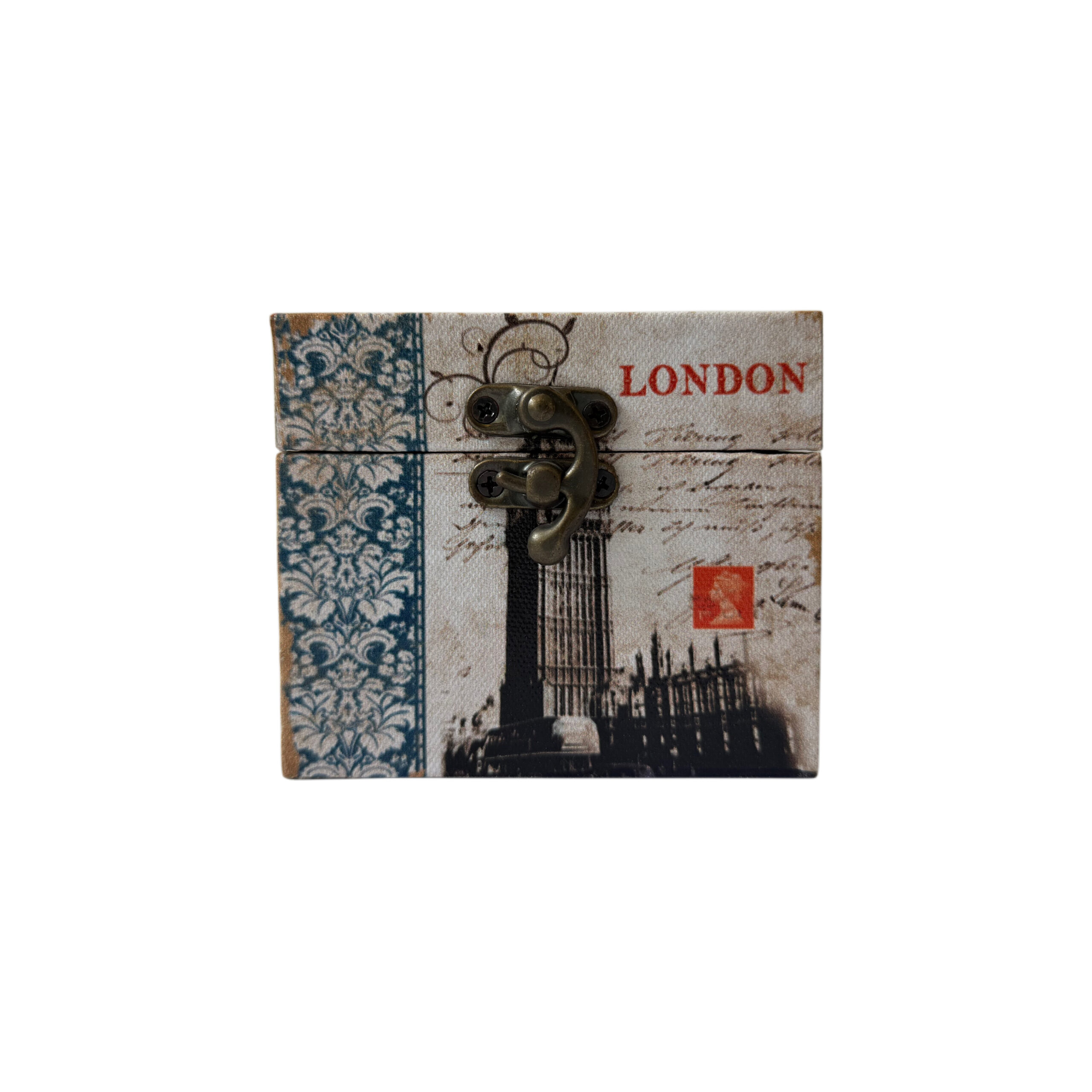 Caja de madera con diseño de Londres color blanco con flores azules