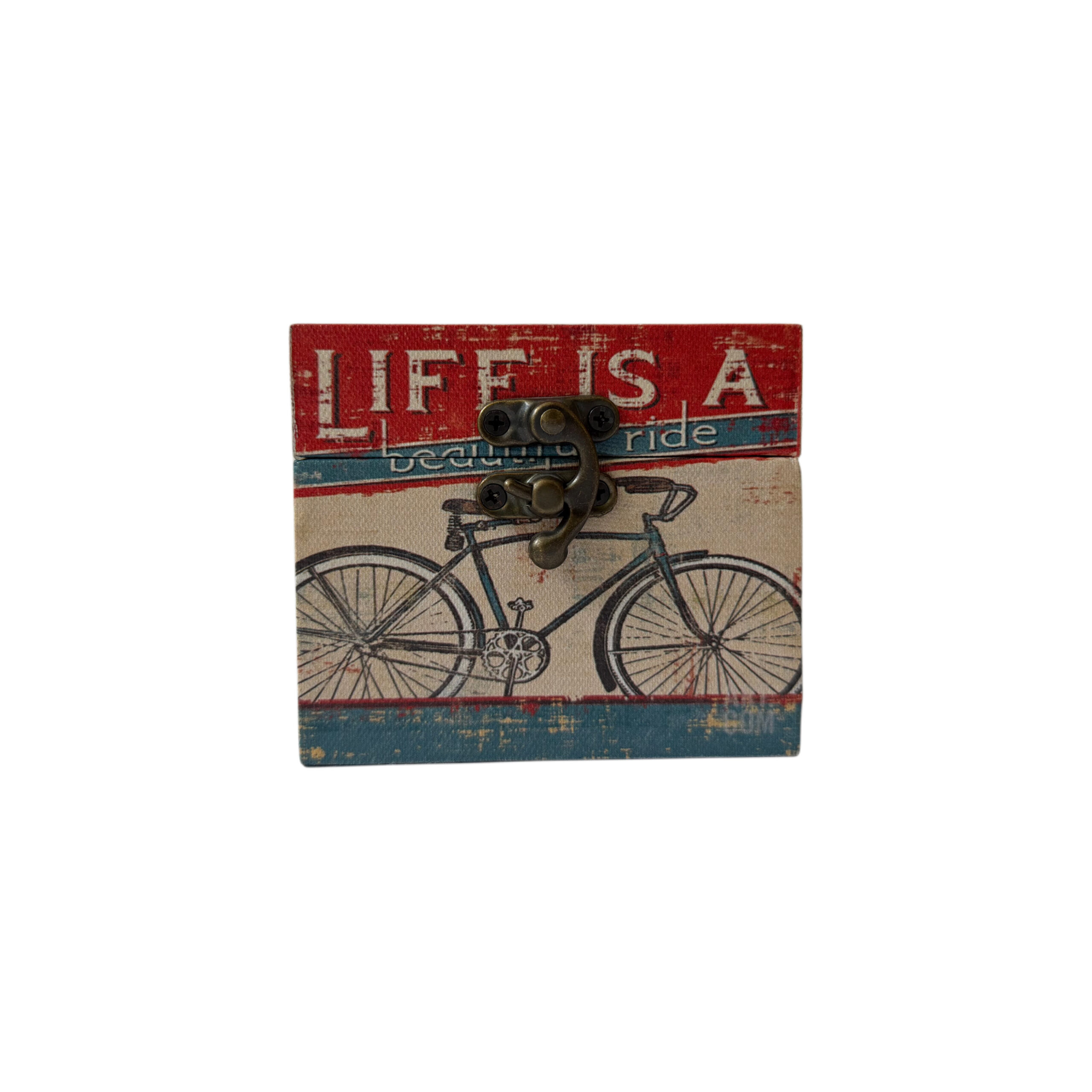 Caja de madera con diseño de bicicleta ” life” tricolor ( rojo, azul, blanco )