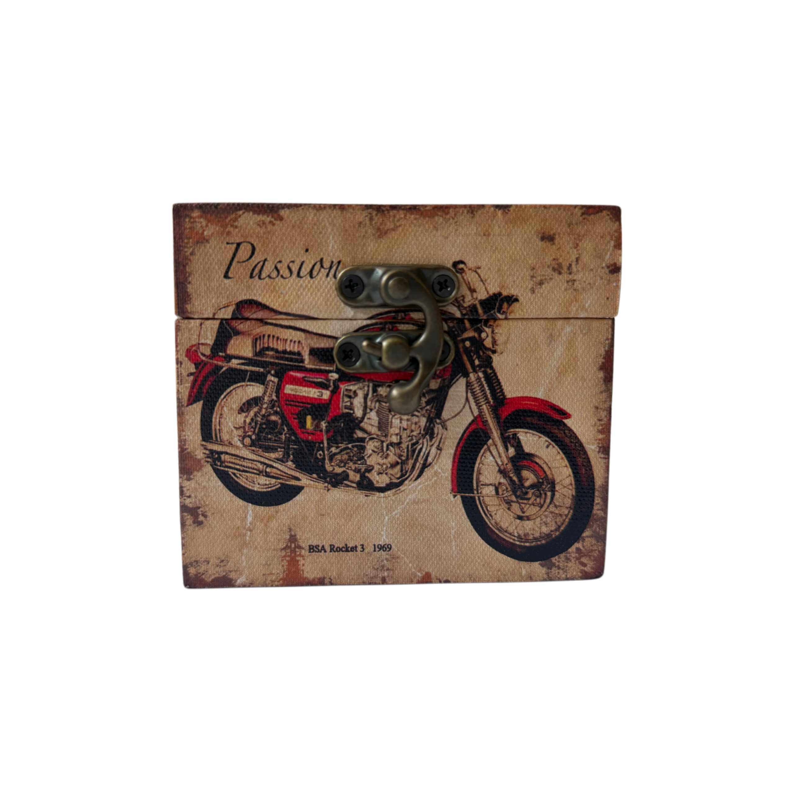 Caja de madera con diseño de moto color beige