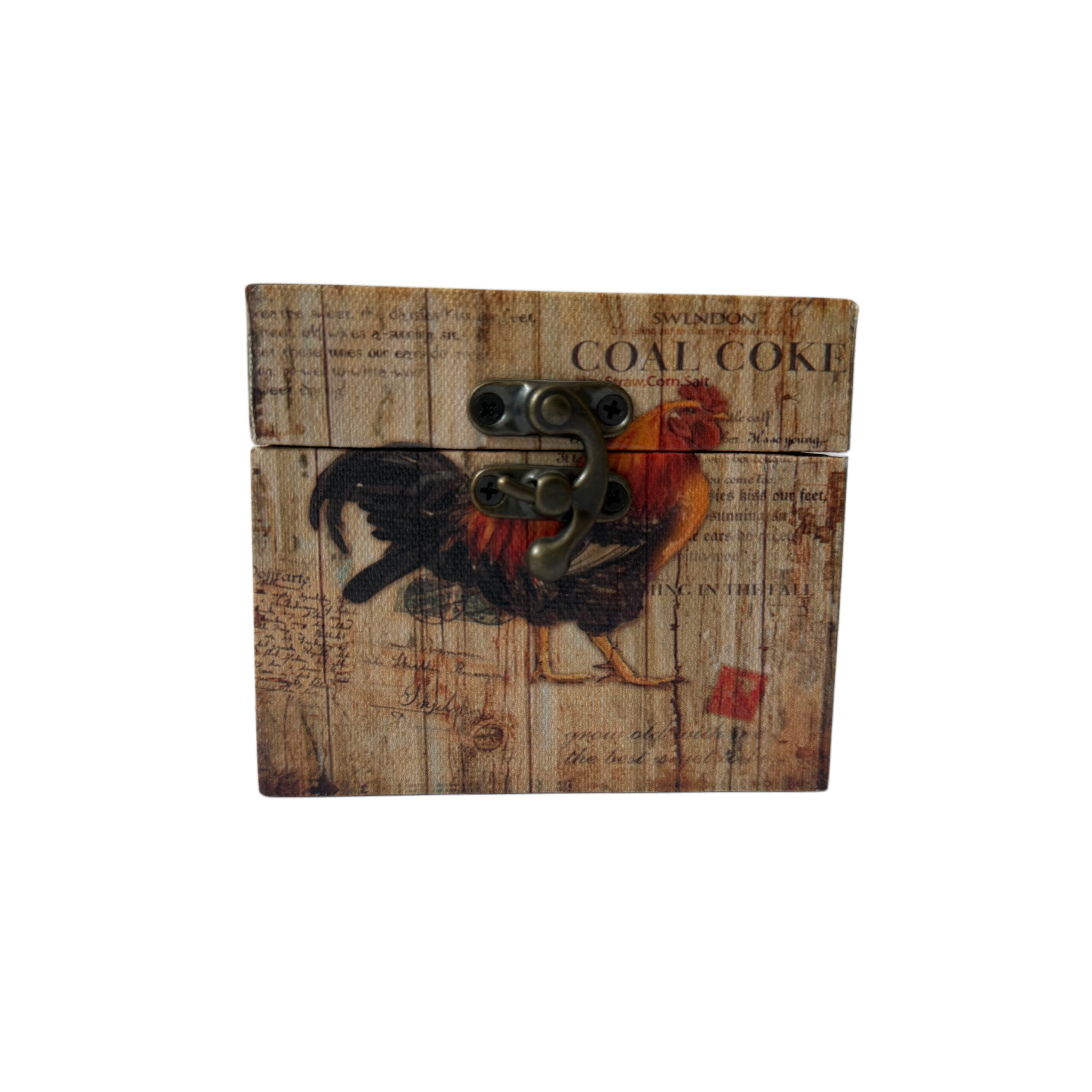 Caja de madera con diseño de gallo color café calro