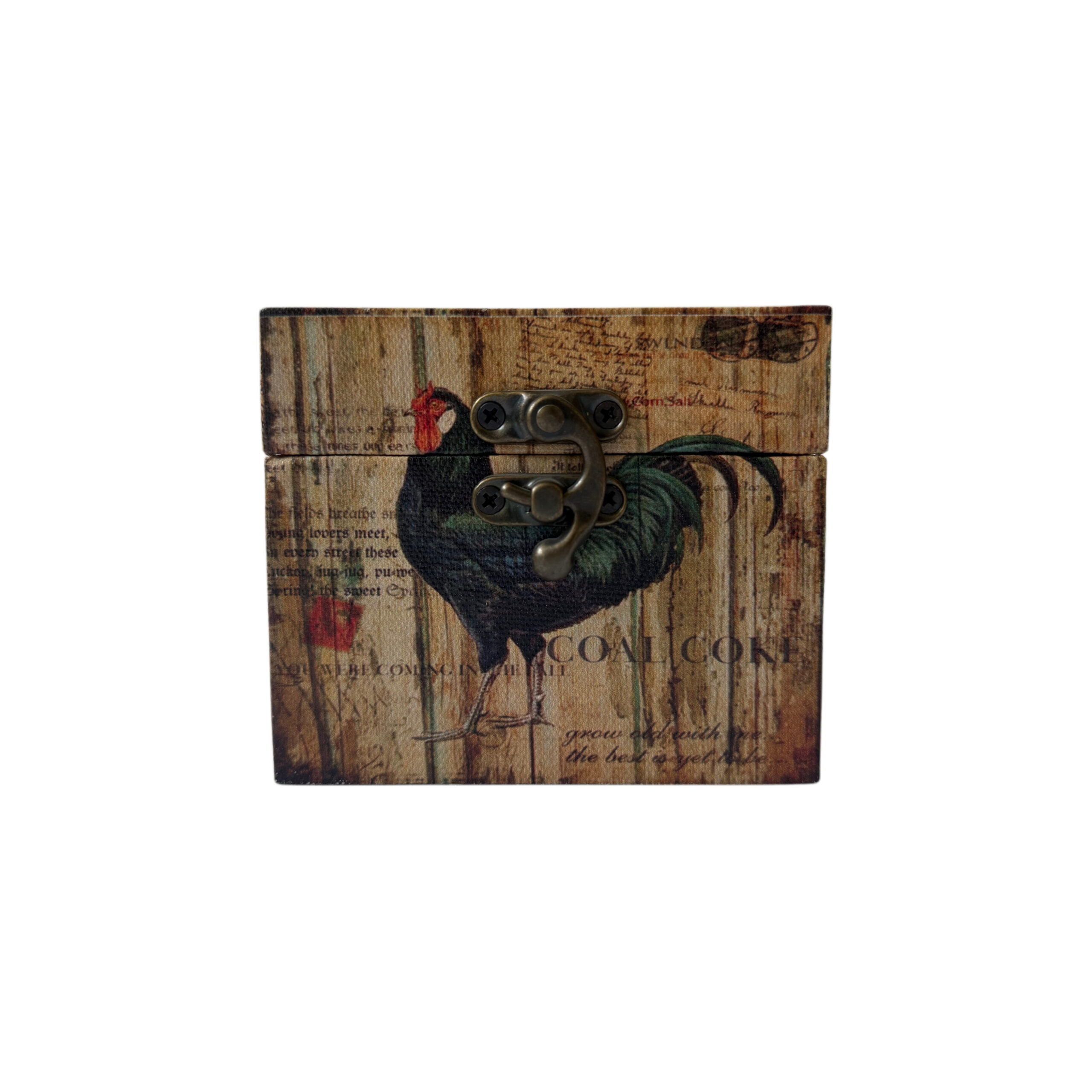 Caja de madera con diseño de gallo color café claro