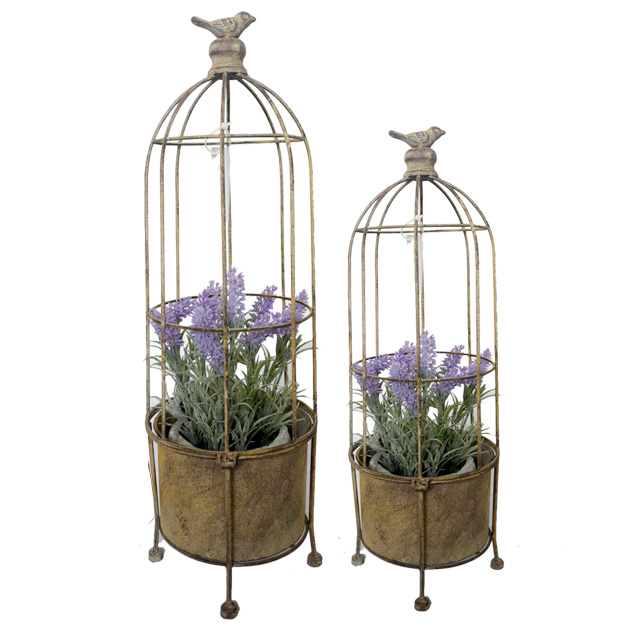 Porta macetero con pajarito de metal set/2 color gris