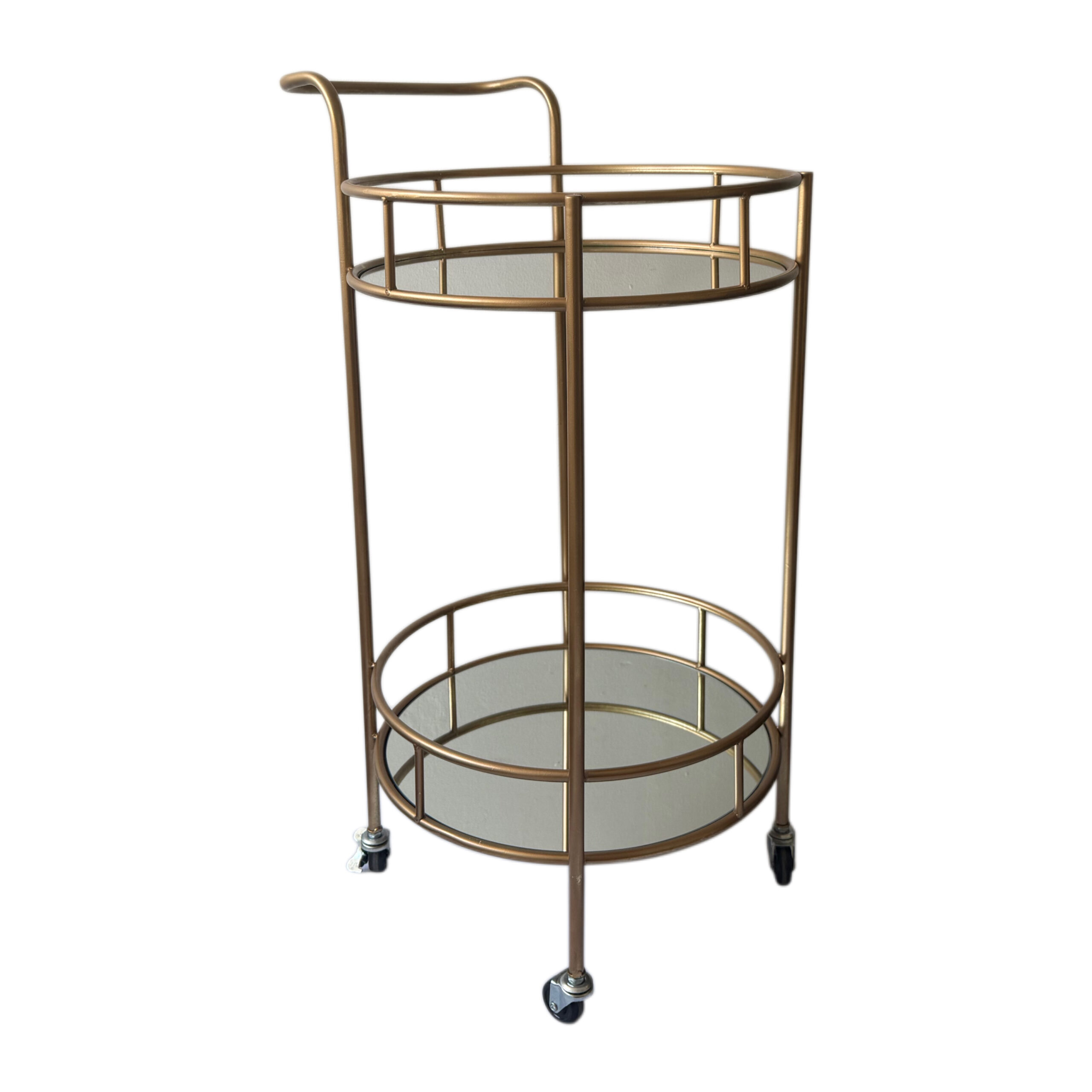 Mesa de servicio circular dorada con llantas
