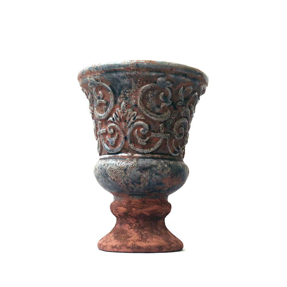 Maceta de cerámica con relieves color ladrillo