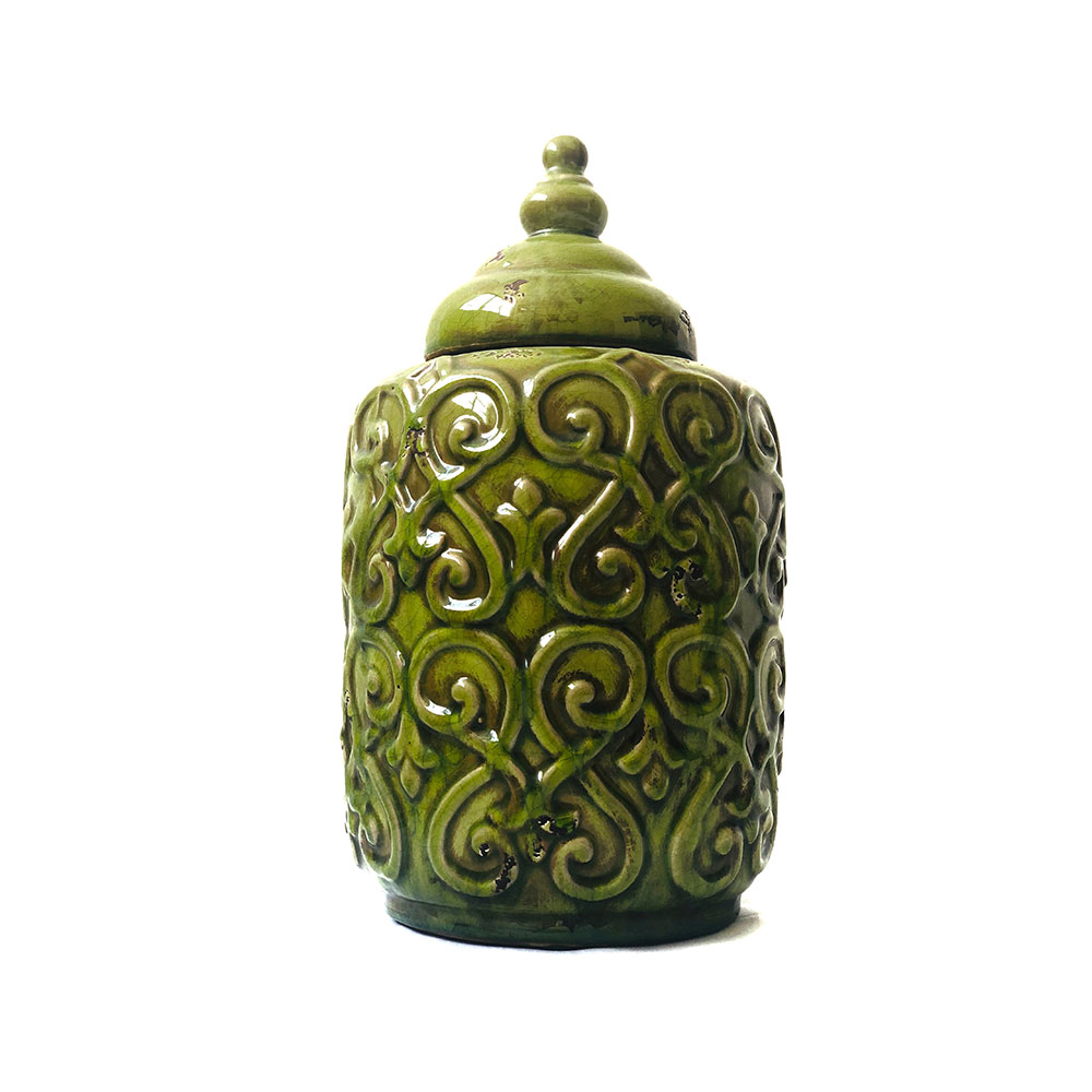 Jarron de ceramica con tapa grande color verde