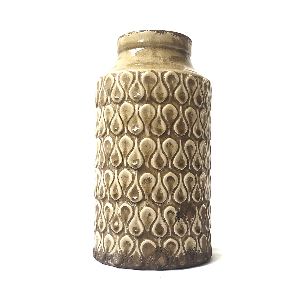 Florero de ceramica con diseño de hojas color beige