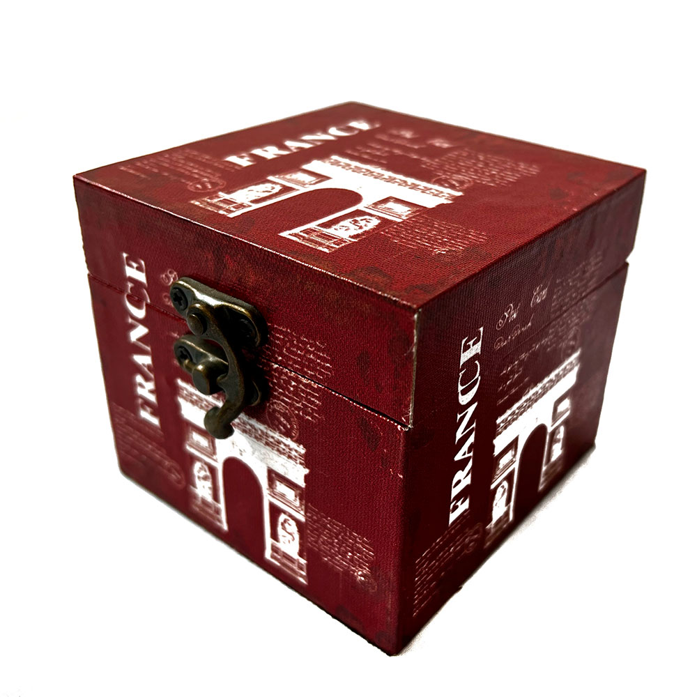 Caja de madera con diseño del Arco del Triunfo color rojo vino