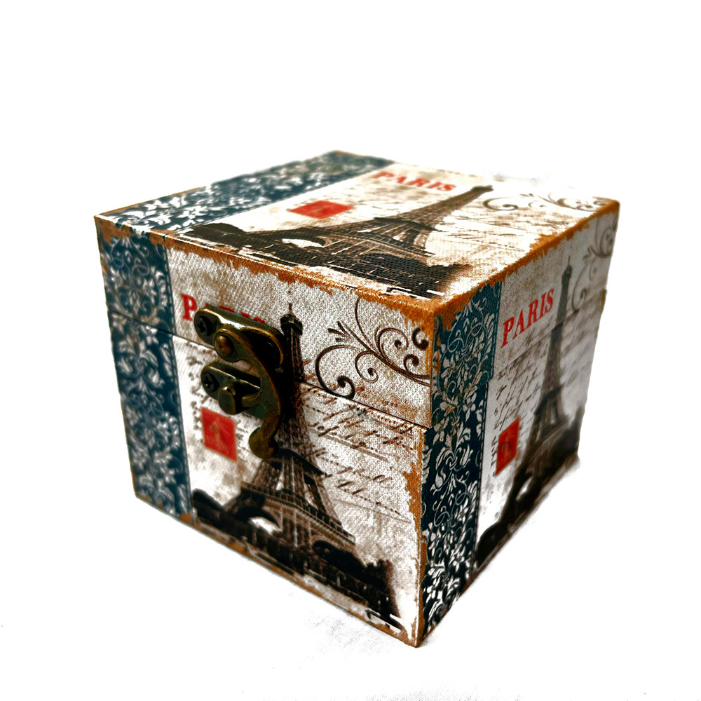 Caja de madera con diseño de París color blanco con flores azules