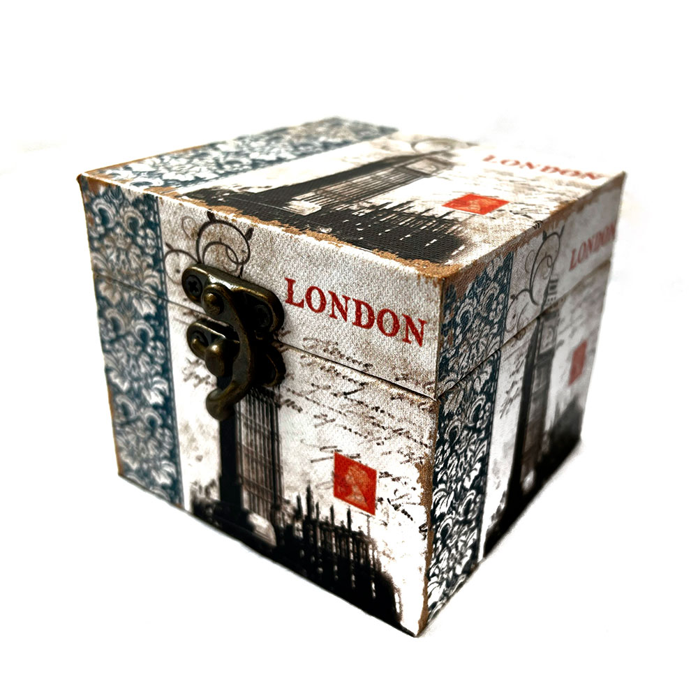 Caja de madera con diseño de Londres color blanco con flores azules