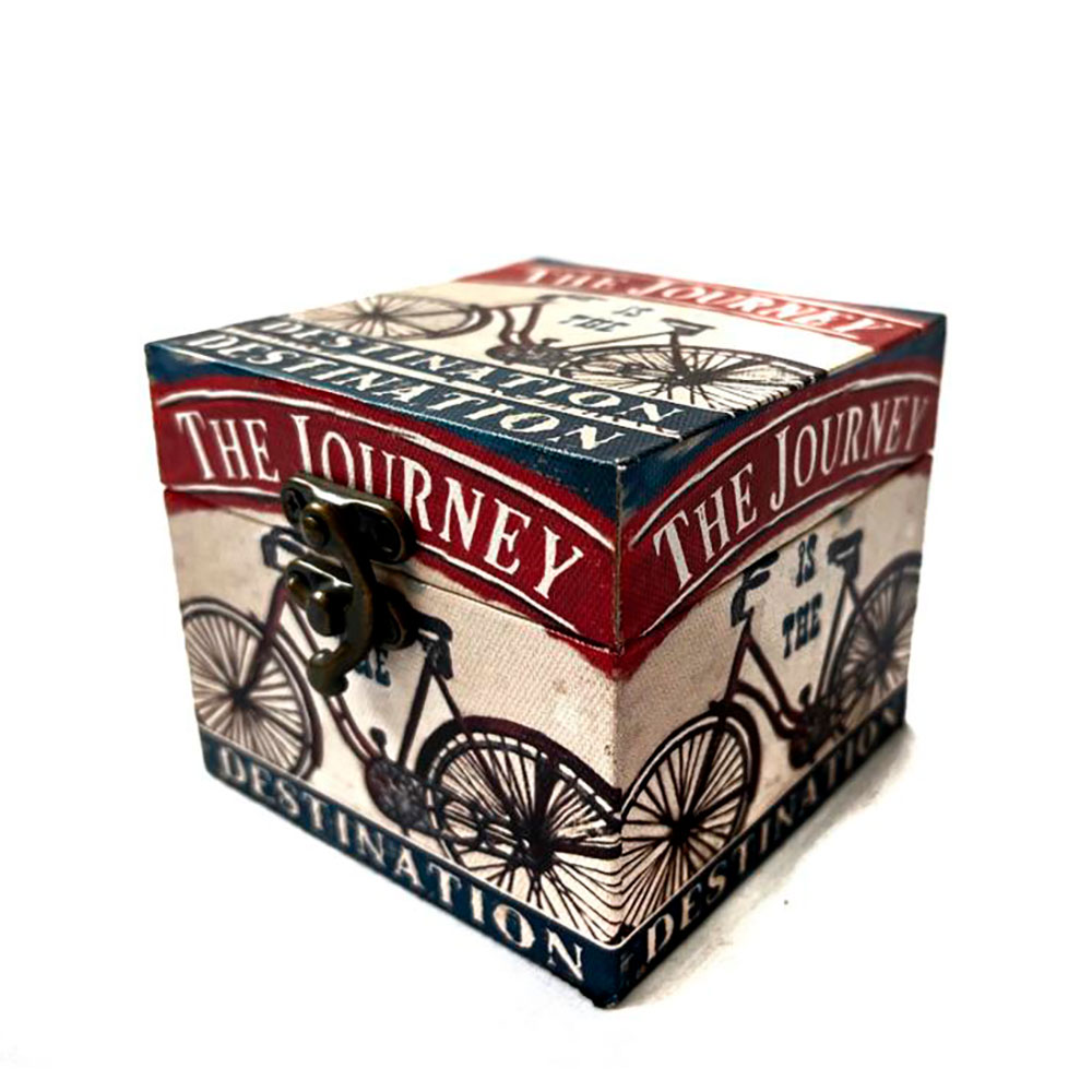 Caja de madera con diseño de bicicleta  “destinario ” tricolor ( rojo, azul, blanco )