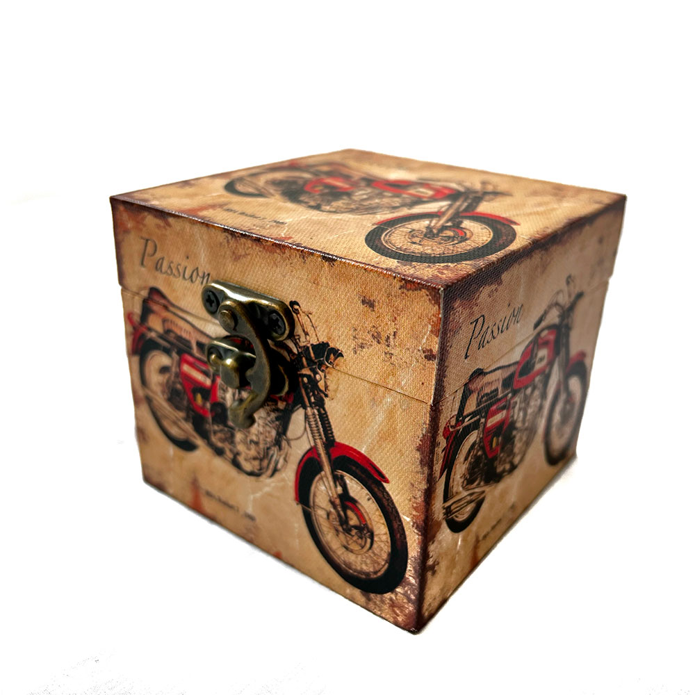 Caja de madera con diseño de moto color beige