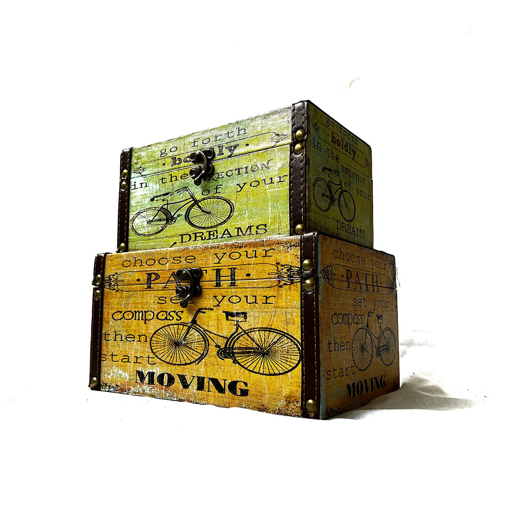 Caja de madera set/2 con diseños de bicicletas color verde con  amarillo