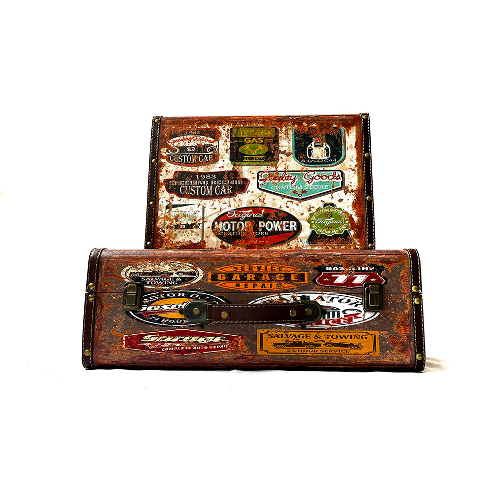 Baúl de madera set/2 con diseño de stickers color café