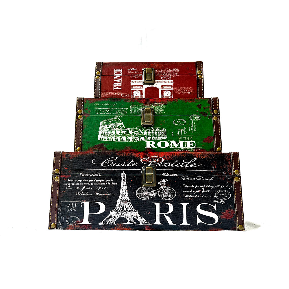 Caja de madera set/3 con diseño Roma, París y Arco del Triunfo color rojo, verde y negro