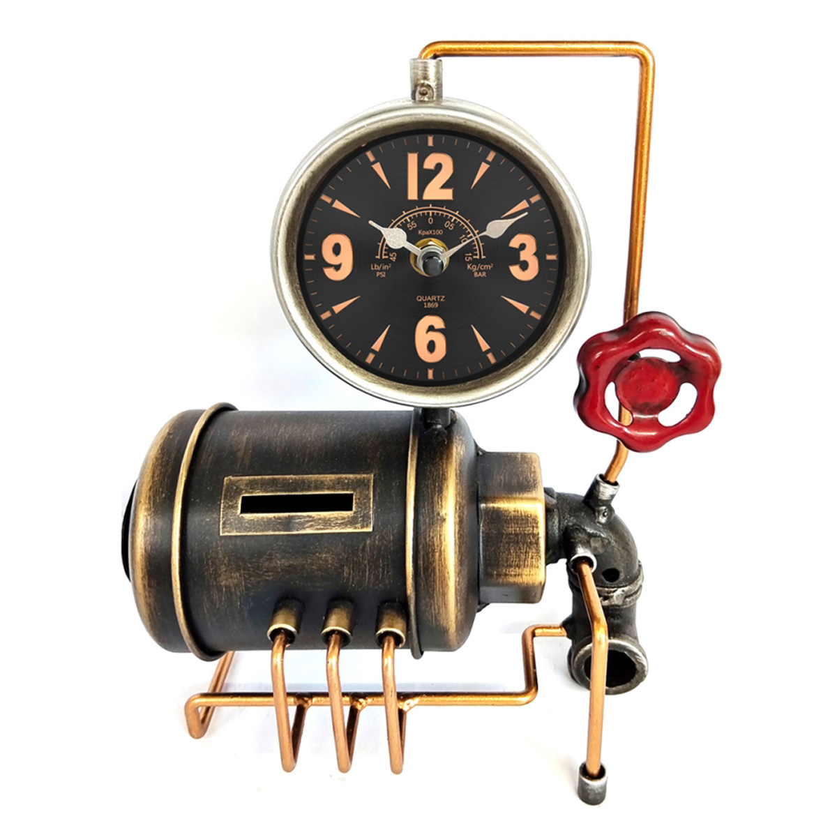 Reloj-alcancía caldera de vapor vintage