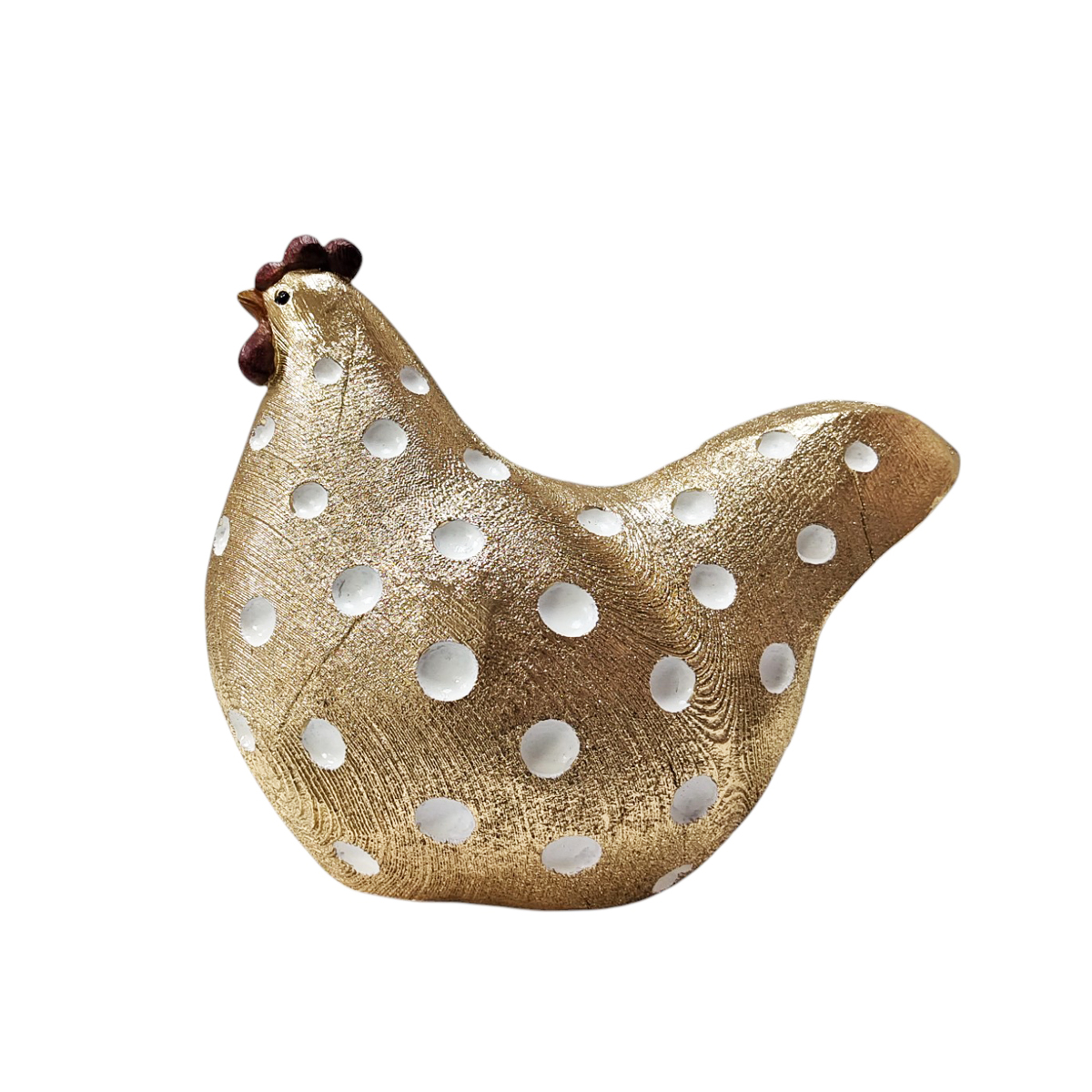 Figura decorativa gallina dorada con relieves diseño circulos blancos