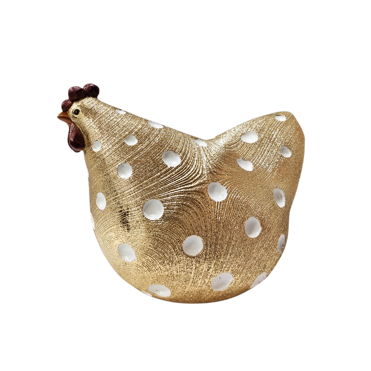 Figura decorativa gallina dorada con relieves diseño circulos blancos
