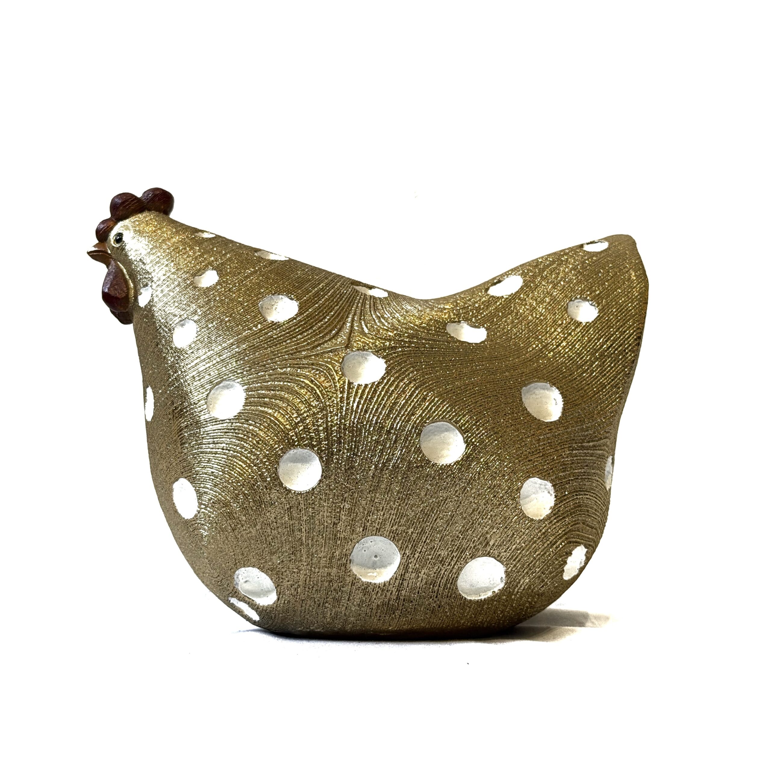 Figura decorativa gallina dorada con relieves diseño circulos blancos