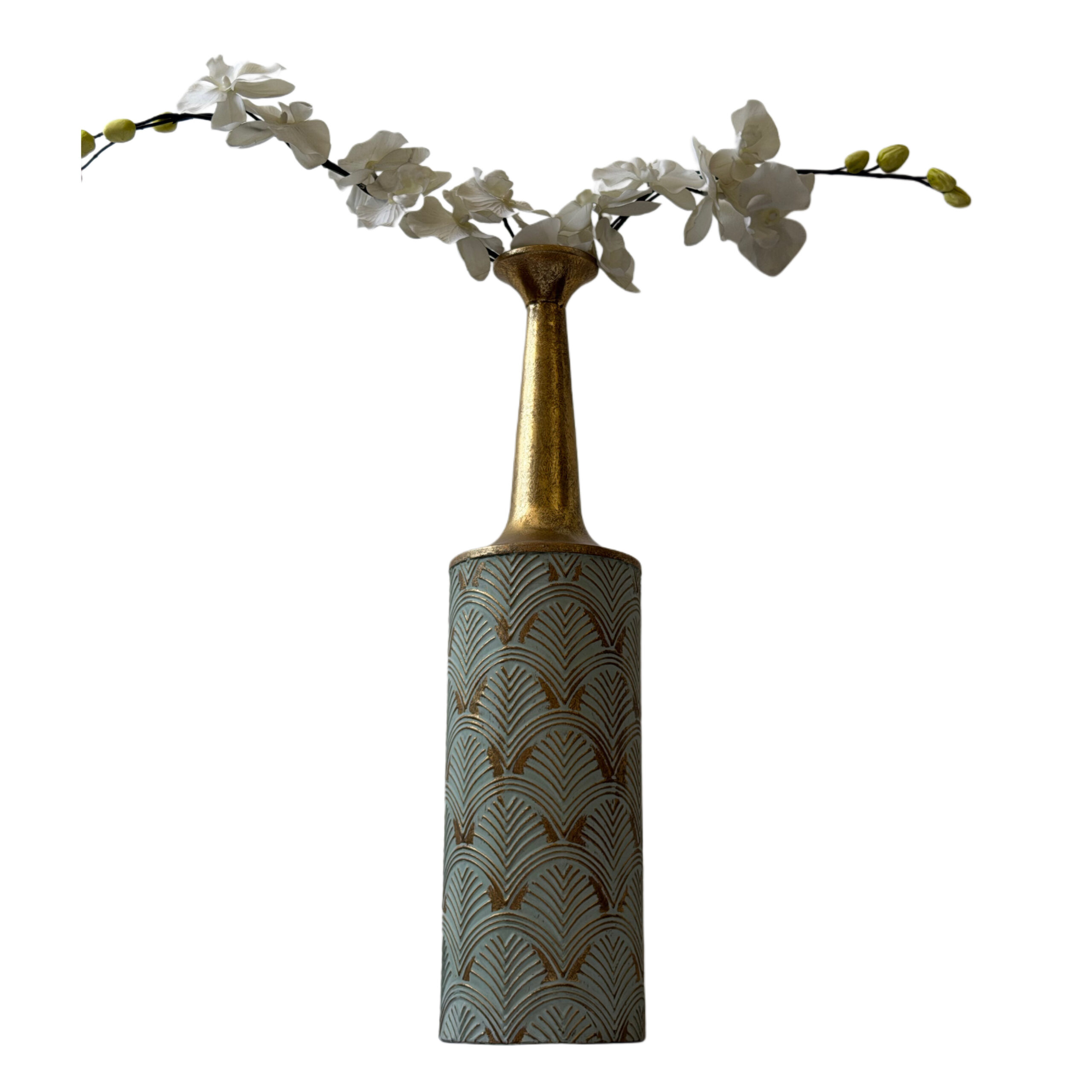 Florero de metal color dorado y aqua tamaño grande