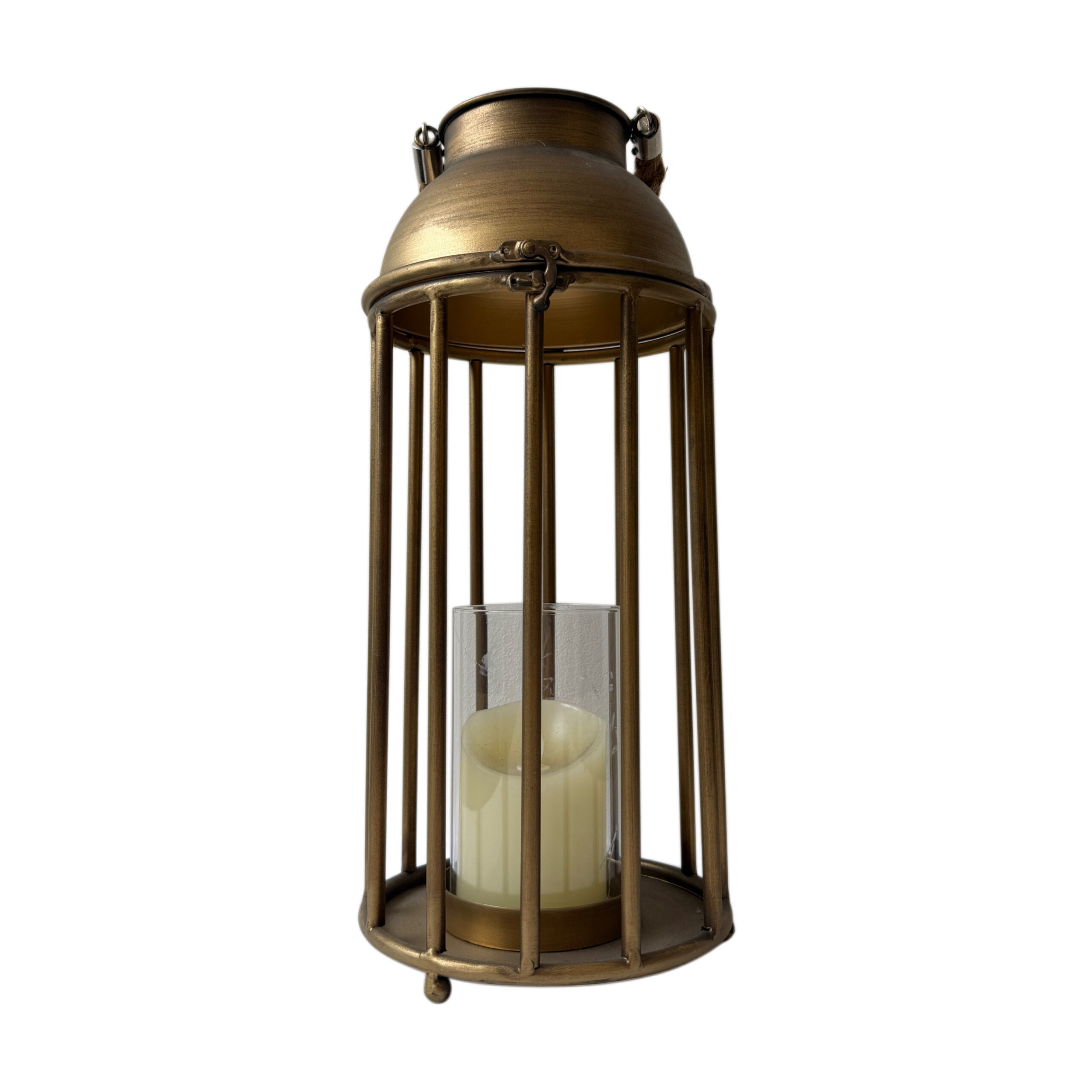 Candelabro de metal con portavela de vidrio tamaño chico