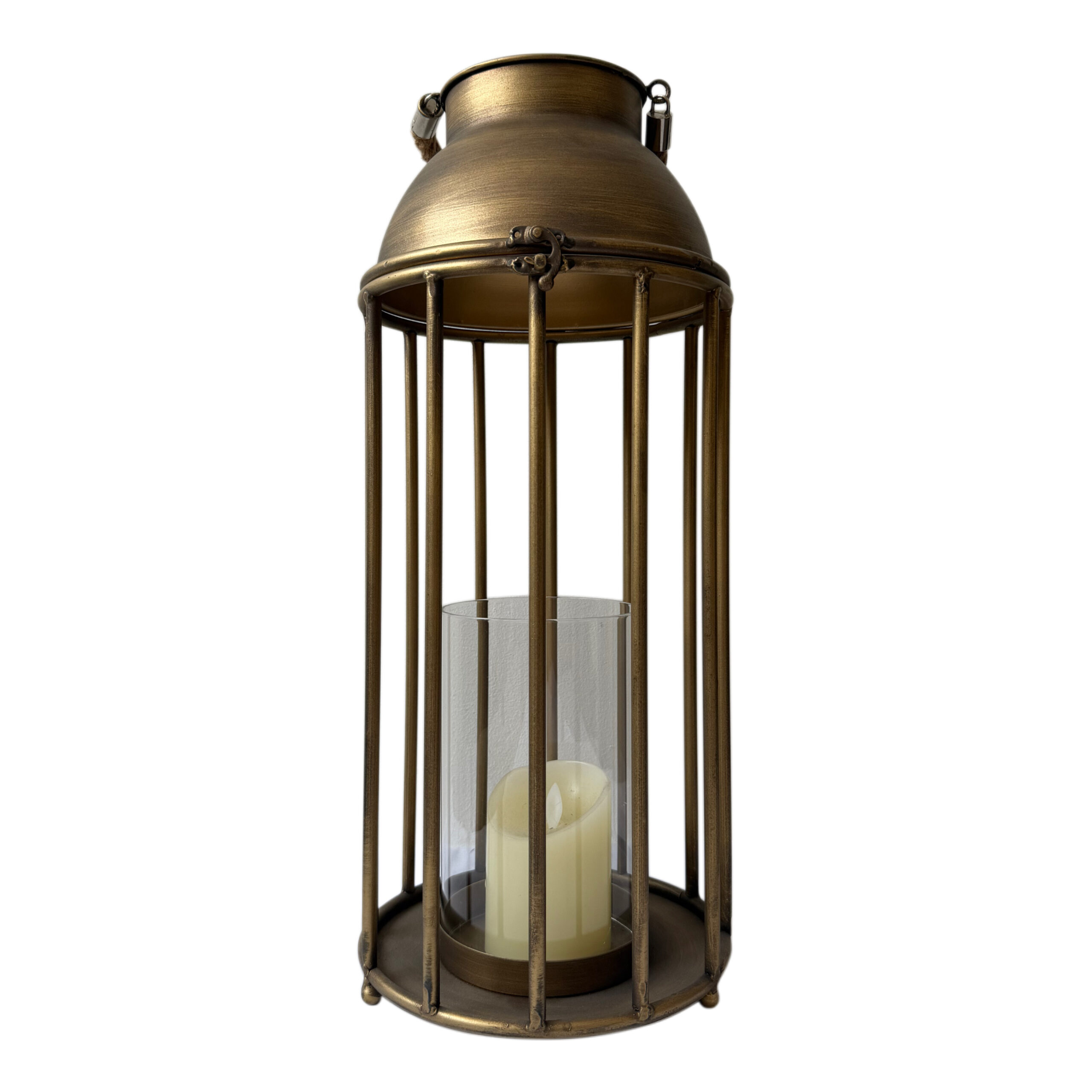 Candelabro de metal con portavela de vidrio tamaño grande