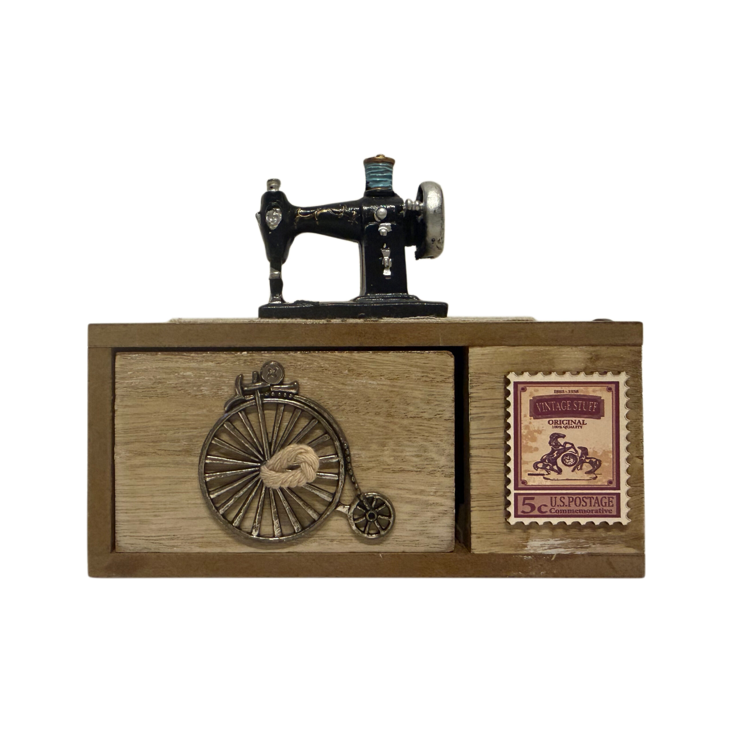Caja musical de madera con máquina de coser